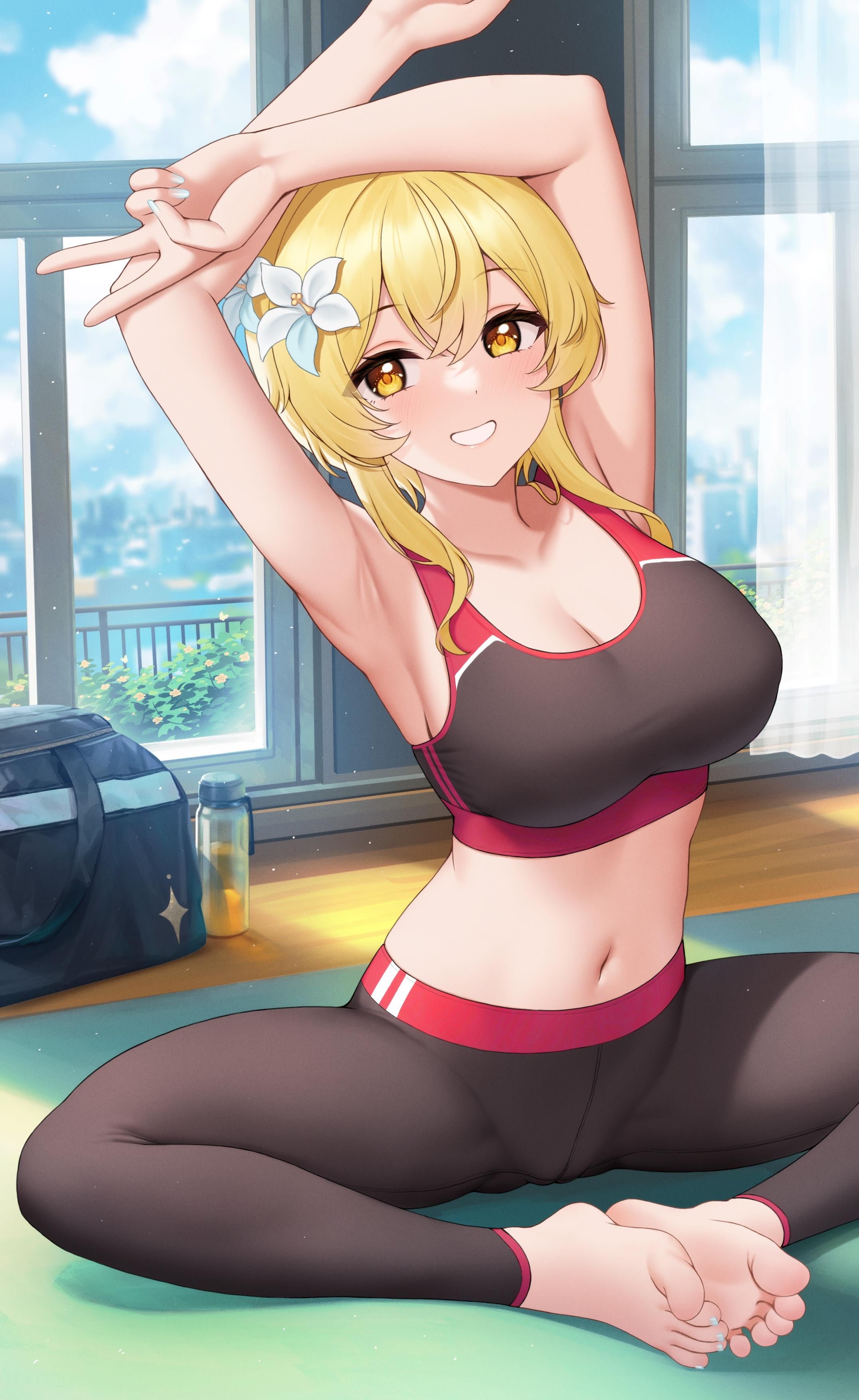 1girls, armpits, arms up, barefoot, big breasts, blonde hair, blush, breasts, busty, cleavage, feet, female, fukuro ko (greentea), genshin impact, gym, hi res, leggings, looking at viewer, lumine (genshin impact), midriff, navel, skinny, sleeveless, smile, soles, sports bra, sportswear, stretching, toes, v, yellow fur, yoga pants