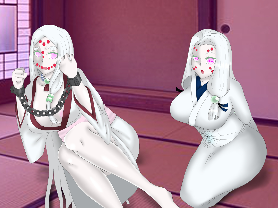 2girls, arms behind back, bondage, breasts, captured, chains, cleavage, demon slayer, female, femsub, handcuffs, hypnosis, jewelry, kimetsu no yaiba, kimono, kneeling, konnandaakke, large breasts, long hair, male, maledom, milf, mind control, mother and daughter, mother spider demon, multiple females, multiple girls, necklace, nipples, older sister spider demon, open mouth, oyakodon, pale skin, pink eyes, sitting, surprised, tattoo, unusual anatomy, unusual eyes, unusual pupils, very long hair, white hair, wide hips
