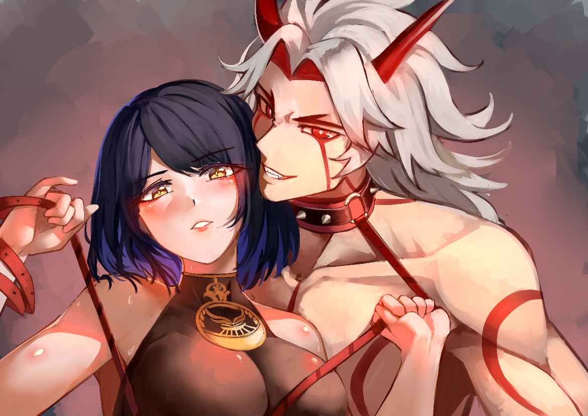1boy, arataki itto, big breasts, blue hair, blush, breasts, collar, couple, dominant female, dominant male, female, genshin impact, half naked, hi res, kujou sara, leash, looking at viewer, male, male/female, muscles, muscular, muscular male, red eyes, romantic, romantic ambiance, romantic couple, seductive, seductive pose, selfie, smile, smiling, straight, white hair, yellow eyes