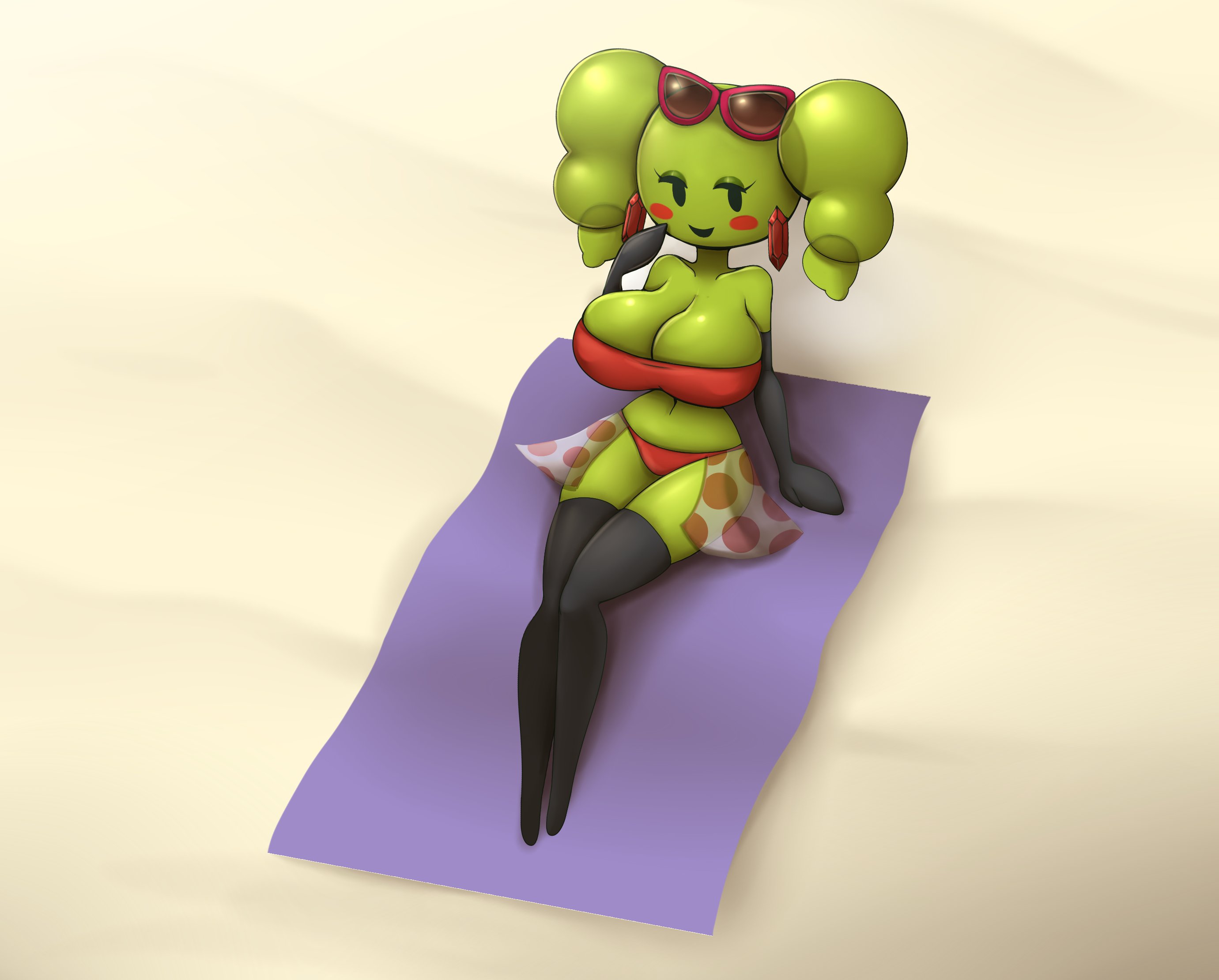 1girls, 2d, bikini, breasts, cleavage, female, green hair, green skin, green-skinned female, large breasts, mario (series), metachoke, mimi (super paper mario), mob face, nintendo, paper mario, solo, sunglasses on head, super paper mario