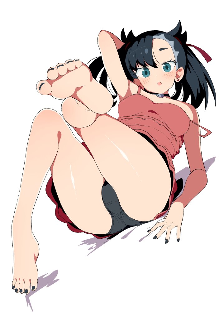 :o, 1girls, 2022, asymmetrical hair, barefoot, black hair, black nails, black panties, blush, breasts, cameltoe, feet, female, female only, fingernails, foot fetish, green eyes, long legs, looking at viewer, lying on back, marnie (pokemon), medium breasts, medium hair, nail polish, nintendo, panties, pokemon, pokemon ss, puffy pussy, pussy, slim waist, soles, thick thighs, thighs, toenail polish, toenails, tottotonero, twintails, upskirt