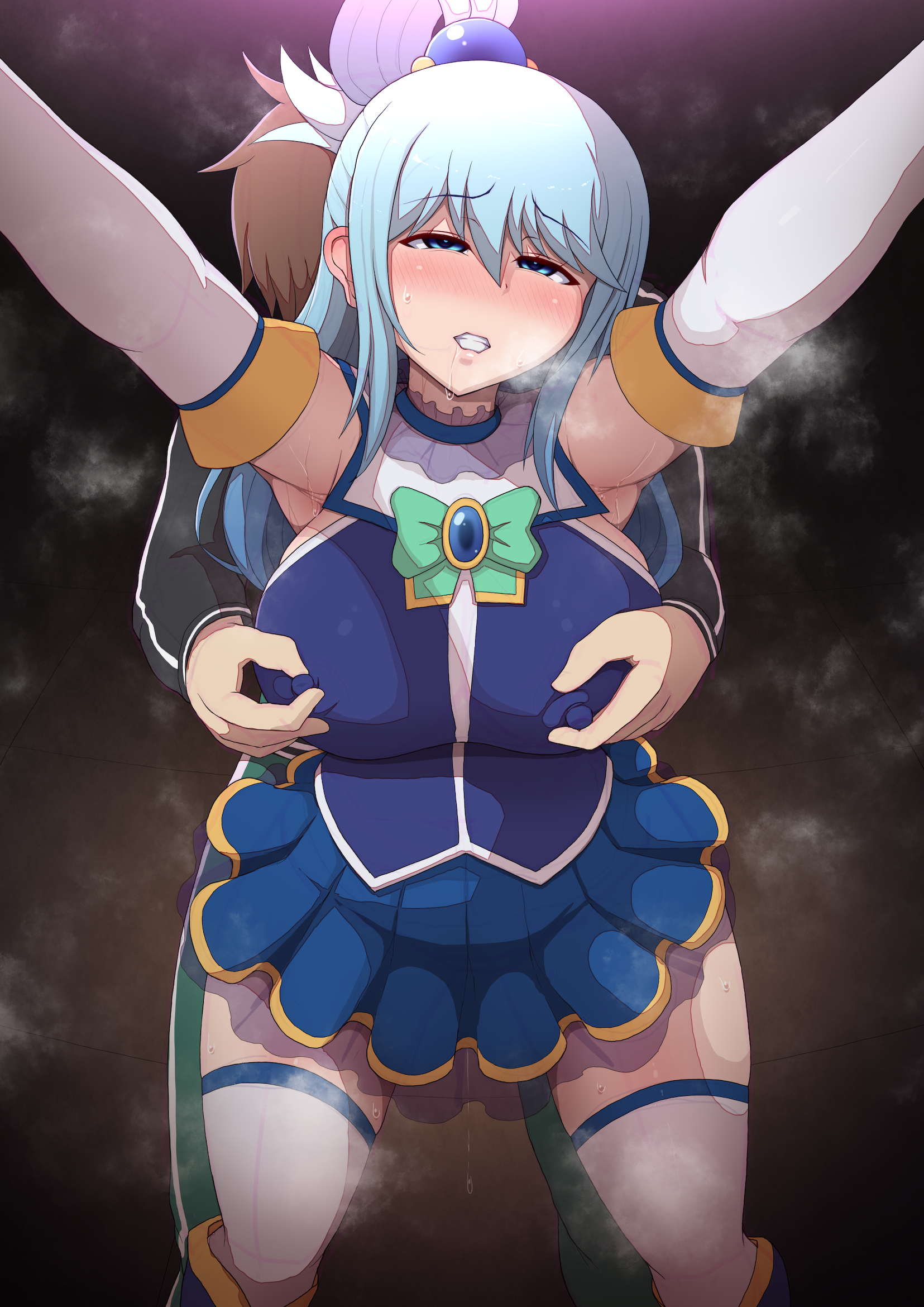 1boy, 1girls, 2022, ahe gao, ambiguous penetration, aqua (konosuba), armpits, arms out, blue eyes, blue hair, blush, breasts, brown hair, clothed, clothed female, deity, detached sleeves, erect nipples, female, from behind, goddess, hair ornament, hi res, hips, huge breasts, implied penetration, implied sex, kono subarashii sekai ni shukufuku wo!, long hair, male, nipple play, nipples, nipples visible through clothing, ponpo, satou kazuma, short hair, short skirt, simple background, skirt, slim waist, thick thighs, thighhighs, thighs, visible breath, wide hips