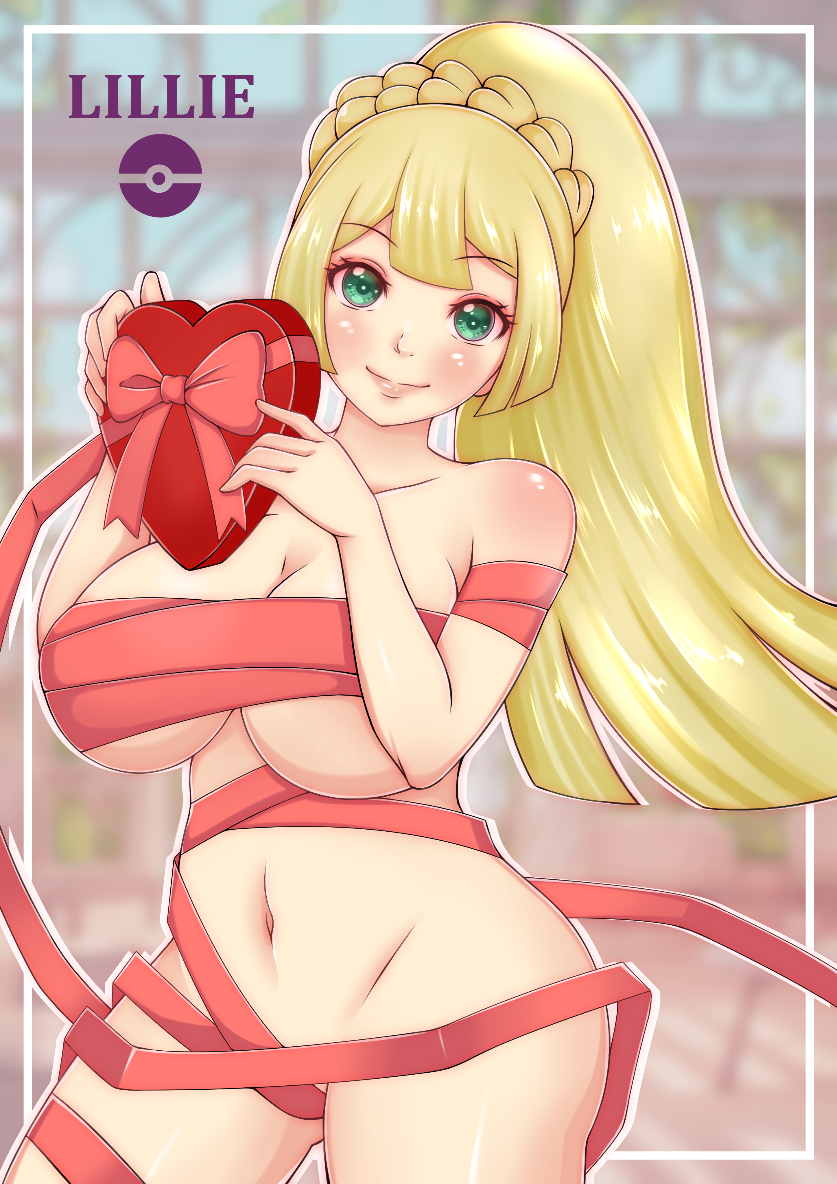 1girls, alternate breast size, big breasts, blonde hair, blush, breasts, eye contact, female, female only, green eyes, huge breasts, human, human only, lillie (pokemon), long hair, looking at viewer, misune art, nintendo, pokemon, pokemon sm, ponytail, smile, solo, solo female, thick thighs, thighs, wide hips