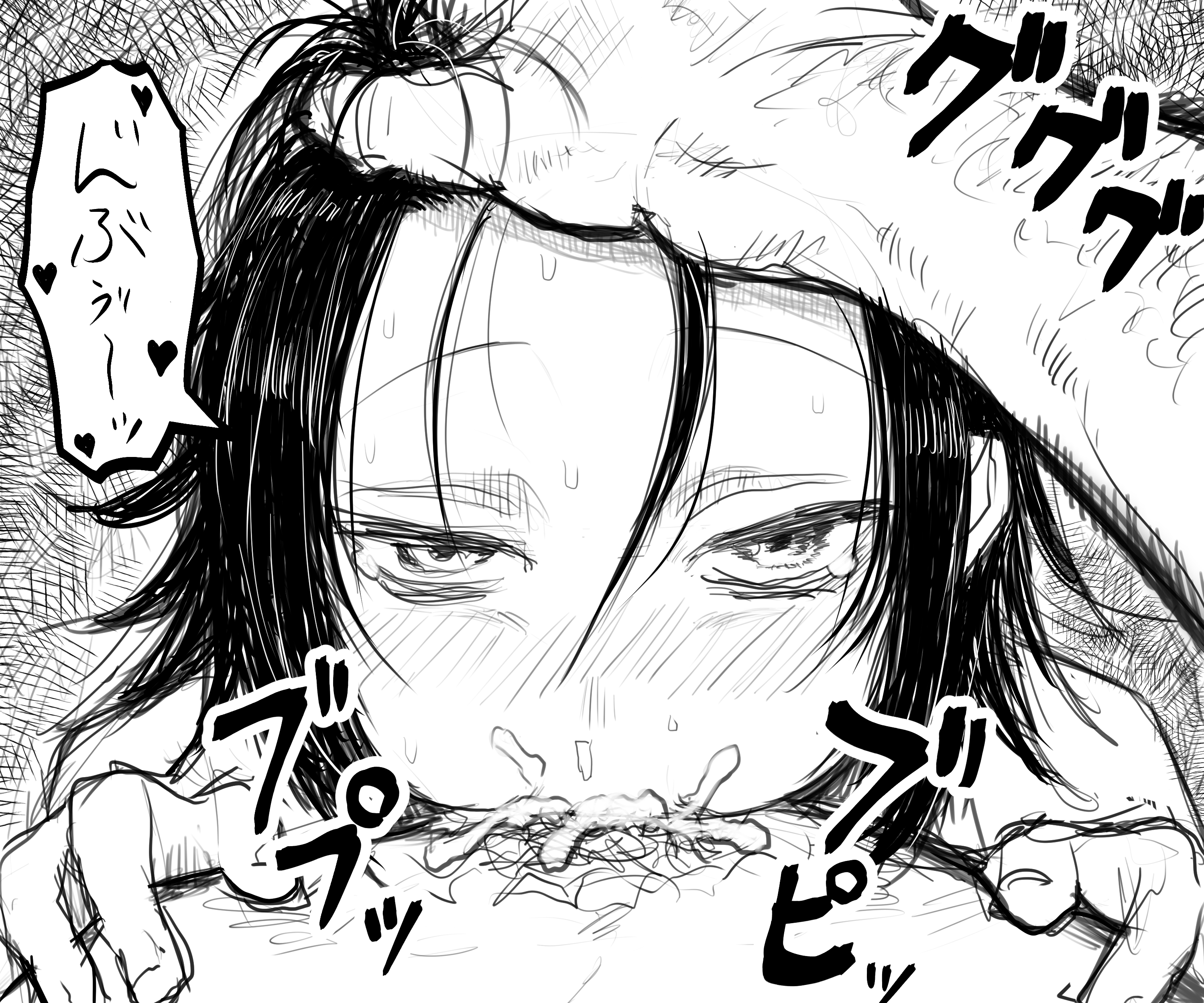 1boy, 1girls, age difference, ahe gao, all the way to the base, bags under eyes, black hair, blowjob, cum, cum in mouth, deepthroat, female, hand on another's head, holding head, koma neko, kuroki tomoko, male, messy hair, monochrome, older male, older male and younger female, pov, simple background, straight, teenage female, teenager, watashi ga motenai no wa dou kangaetemo omaera ga warui!, young, younger female