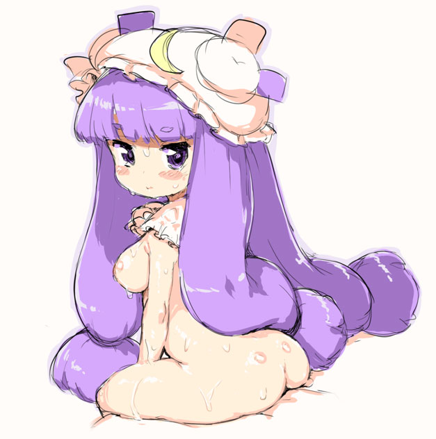 ass breasts capelet clothing crescent crescent_moon female female hat headwear long_hair medium_breasts moon nude patchouli_knowledge purple_eyes purple_hair randou simple_background sitting solo touhou very_long_hair white_background