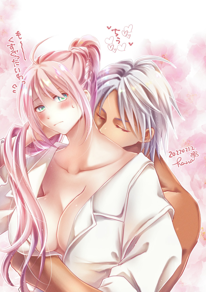 alphen_(tales) alternate_breast_size blue_eyes blush canon_couple couple dark-skinned_male dark_skin huge_breasts imminent_sex large_breasts pale-skinned_female shionne_(tales) tales_of_(series) tales_of_arise white_hair