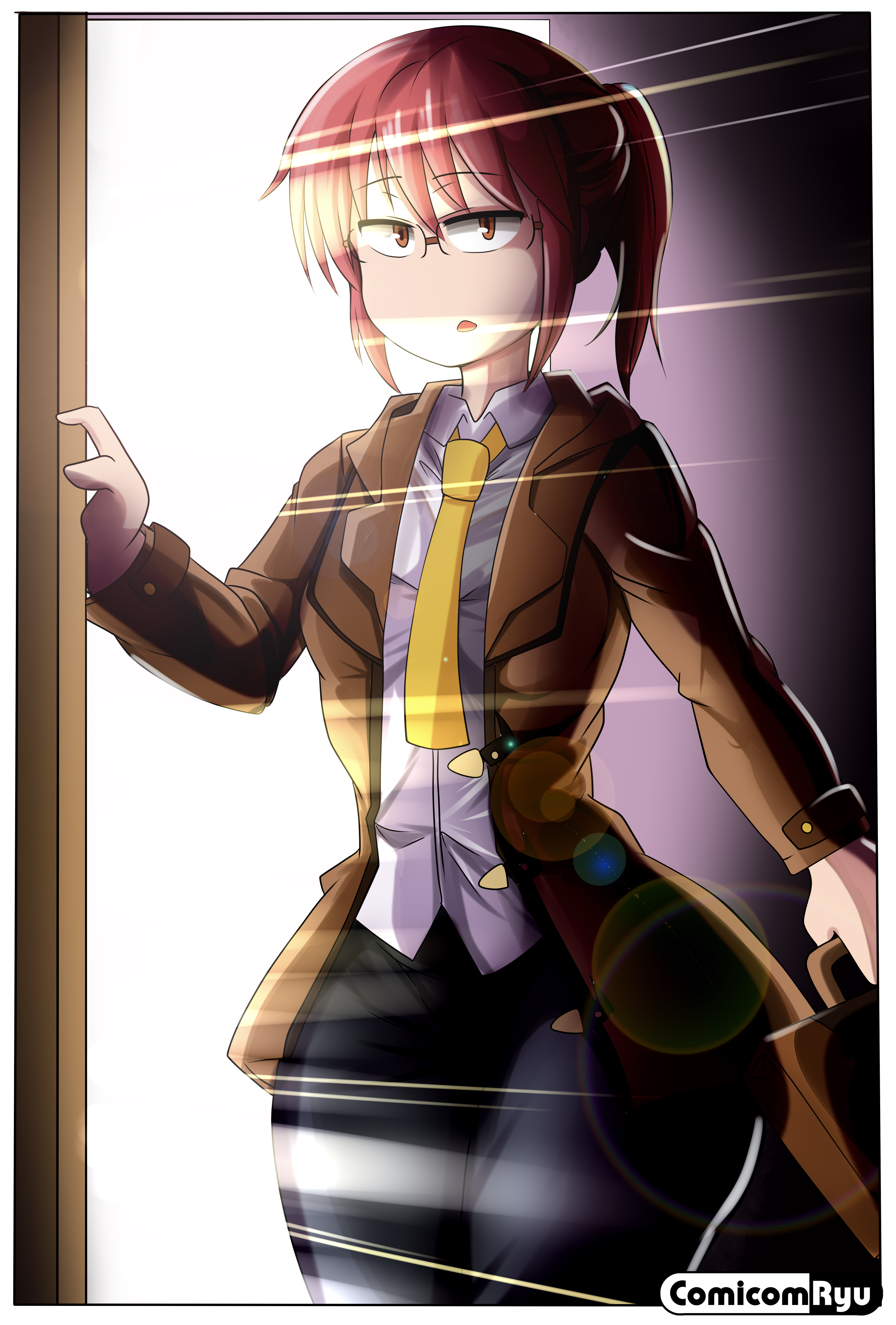 1girls, ass, big ass, big butt, big thighs, black pants, brown eyes, brown jacket, bubble ass, bubble butt, comicomryu, door, fat ass, female, female only, glasses, glasses on head, high resolution, highres, huge ass, huge butt, kobayashi, kobayashi-san chi no maidragon, miss kobayashi's dragon maid, necktie, neutral expression, pink hair, ryumxr, thick thighs, thighs, tomboy, white clothing, white shirt, yellow necktie