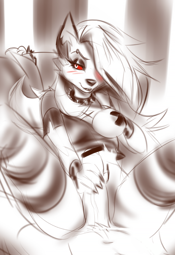 2021 anthro blush breasts canid canid_demon clothed clothing collar demon duo eyeshadow female female_focus fur genitals hair hellhound helluva_boss long_hair loona_(helluva_boss) makeup male male/female mammal penis penis_grab red_sclera sketch solo_focus spiked_collar spikes vixvixart