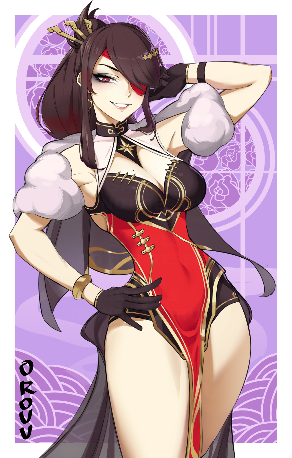 :d, arm up, artist name, bare shoulders, beidou (genshin impact), black gloves, border, breasts, china dress, chinese clothes, cleavage, cleavage cutout, clothing cutout, company connection, cosplay, crossover, dress, earrings, eyepatch, female, genshin impact, gloves, grin, hair ornament, hair over one eye, hand on hip, hand on own hip, highres, honkai (series), honkai impact 3rd, jewelry, long hair, looking at viewer, makeup, mihoyo, mihoyo technology (shanghai) co. ltd., mole, mole on breast, murata himeko, murata himeko (vermillion knight), murata himeko (vermillion knight) (cosplay), murata himeko (vernal brocade), open mouth, orouu, ponytail, purple background, red dress, smile, teeth, white border