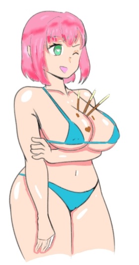 100_kanojo big_breasts bikini chocolate gatocartoon green_eyes hanazono_hakari kimi_no_koto_ga_dai_dai_dai_dai_daisuki_na_100-nin_no_kanojo micro_bikini pink_hair pocky pocky_day swimsuit the_100_girlfriends_who_really_really_really_really_really_love_you