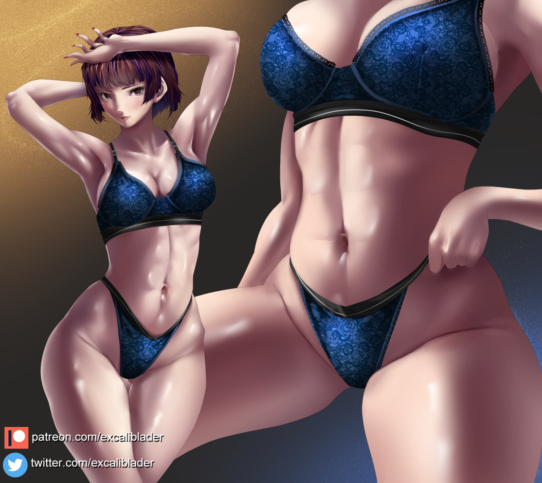 1girls, 2022, abs, armpits, arms above head, arms up, atlus, blue bra, blue lingerie, blue panties, bra, breasts, brown hair, excaliblader, female, female only, fit, fit female, highleg panties, hips, large breasts, lingerie, makoto niijima, panties, patreon username, persona, persona 5, red eyes, sega, short hair, simple background, slim waist, thick thighs, thighs, toned, toned female, toned stomach, twitter username, wide hips