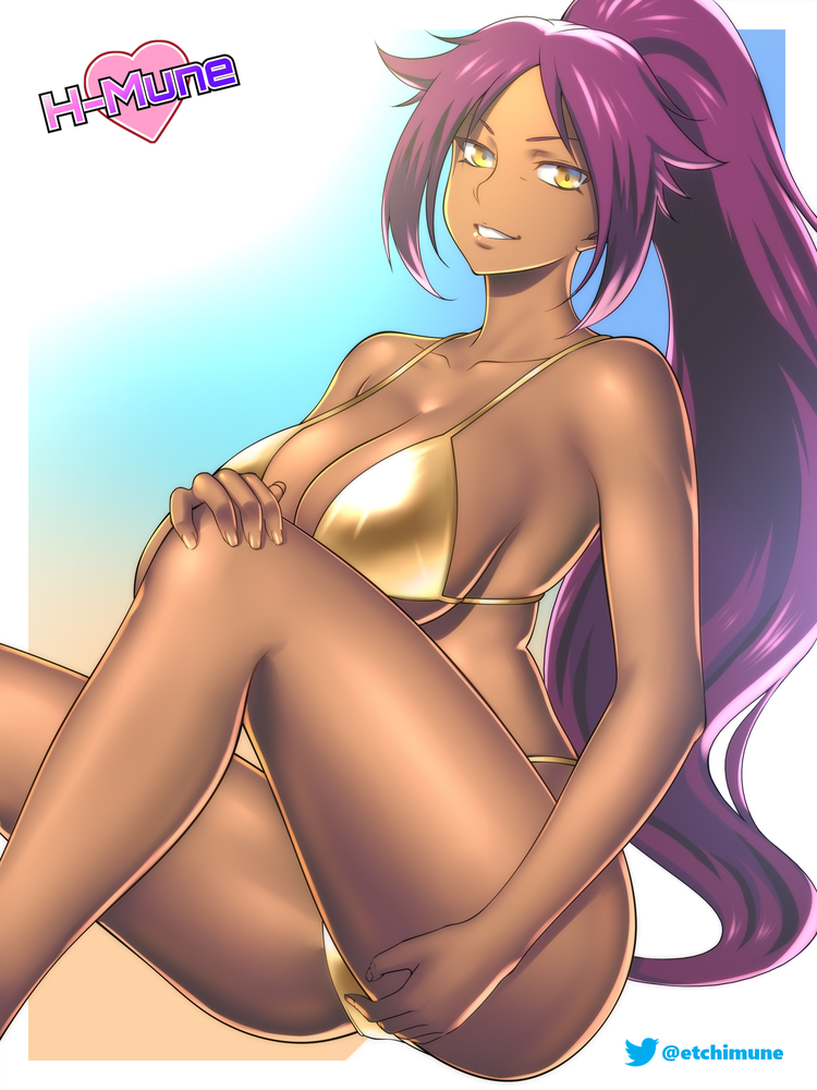 1girls alternate_costume artist_name bikini bleach breasts cleavage collarbone colored_eyelashes dark-skinned_female dark_skin etchimune feet_out_of_frame female fingernails gold_bikini high_ponytail large_breasts long_hair parted_bangs purple_hair shihouin_yoruichi sideboob sitting solo spaghetti_strap swimsuit thighs underboob very_long_hair yellow_eyes