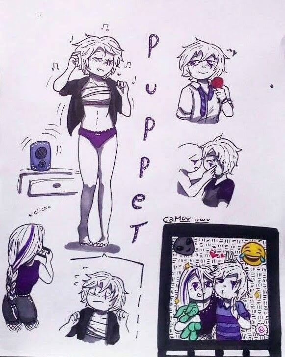 bangs dancing fhs fhsz3r0 fnafhs fnafhs_z3ro fnafhsrule34 mai_(fnafhs) open_shirt panties pantsless pencil_(artwork) picot_trim picot_trim_panties puppet_(fnafhs) purple_eyes purple_panties tomboy twin_sisters white_hair