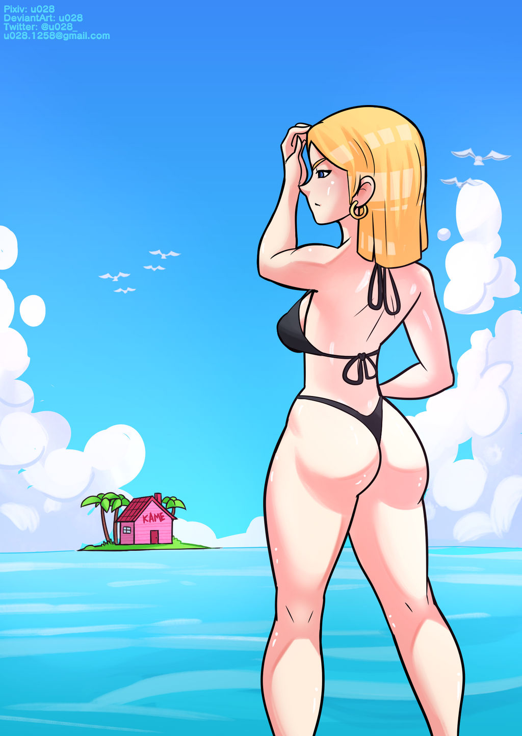 android_18 ass beach bikini blonde_hair blue_eyes breasts bubble_butt dragon_ball dragon_ball_z female island kame_house large_breasts medium_hair rear_view seaside u028