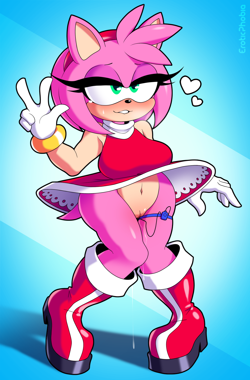 2022, amy rose, anthro, ass, blush, bodily fluids, boots, bottomless, clothing, digital media (artwork), dress, eroticphobia, eulipotyphlan, eyelashes, female, footwear, genital fluids, genitals, green eyes, hedgehog, hi res, mammal, masturbation, no panties, png, pussy, pussy juice, pussy juice drip, pussy juice trail, sega, sex toy, simple background, solo, sonic (series), sonic the hedgehog (series), upskirt, vibrator, vibrator cord