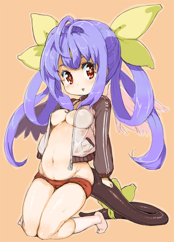 blue_hair bow breasts buruma buruma_pull clothing dizzy_(guilty_gear) female groin guilty_gear hair_ornament hairbow jacket kneehighs kneeling long_hair medium_breasts midriff mound_of_venus navel nipples no_bra open_clothes open_jacket pantsu panty_pull randou red_eyes ribbon simple_background solo tail tied_hair track_jacket twintails underwear underwear_pull wings