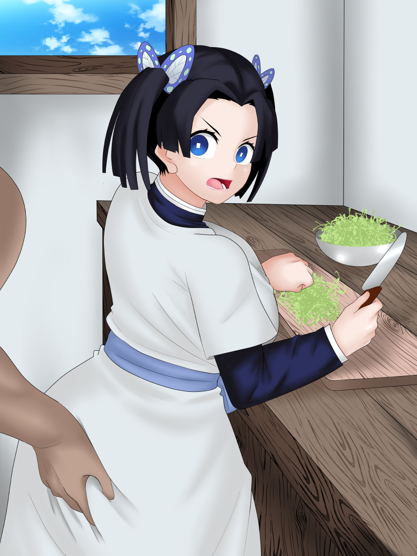 1boy, 1girls, angry, ass, ass grab, big ass, blue eyes, blue hair, breasts, cooking, demon slayer, fat male, female, female focus, grope, grope from behind, hair ornament, kanzaki aoi (kimetsu no yaiba), kimetsu no yaiba, knife, konnandaakke, large breasts, male, open mouth, short hair, twintails, ugly bastard