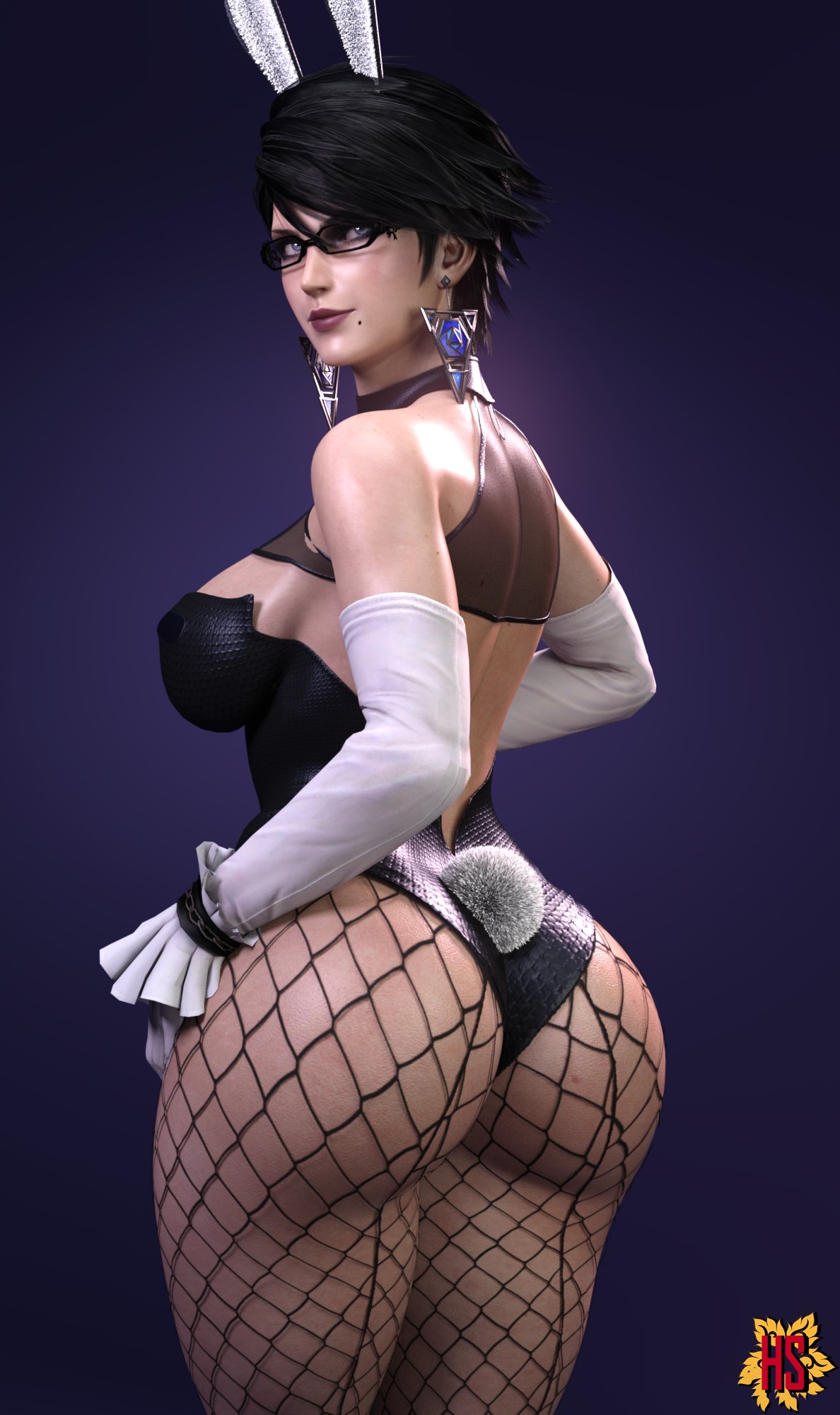 1girls, 3d, ass, athletic, back view, bayonetta, bayonetta (character), bayonetta 2, big ass, big breasts, big butt, black hair, breasts, bubble ass, bubble butt, bunny tail, cleavage, earrings, elbow gloves, facing away, fat ass, fat butt, female, female only, female protagonist, fishnets, fit, glasses, hagiwara studio, human, i feel like a fucking celebrity in this town, large ass, large breasts, large butt, leotard, light skin, light-skinned female, looking back, mole under mouth, seductive, short hair, skin tight, solo, thick ass, thick butt, thick thighs, wide hips