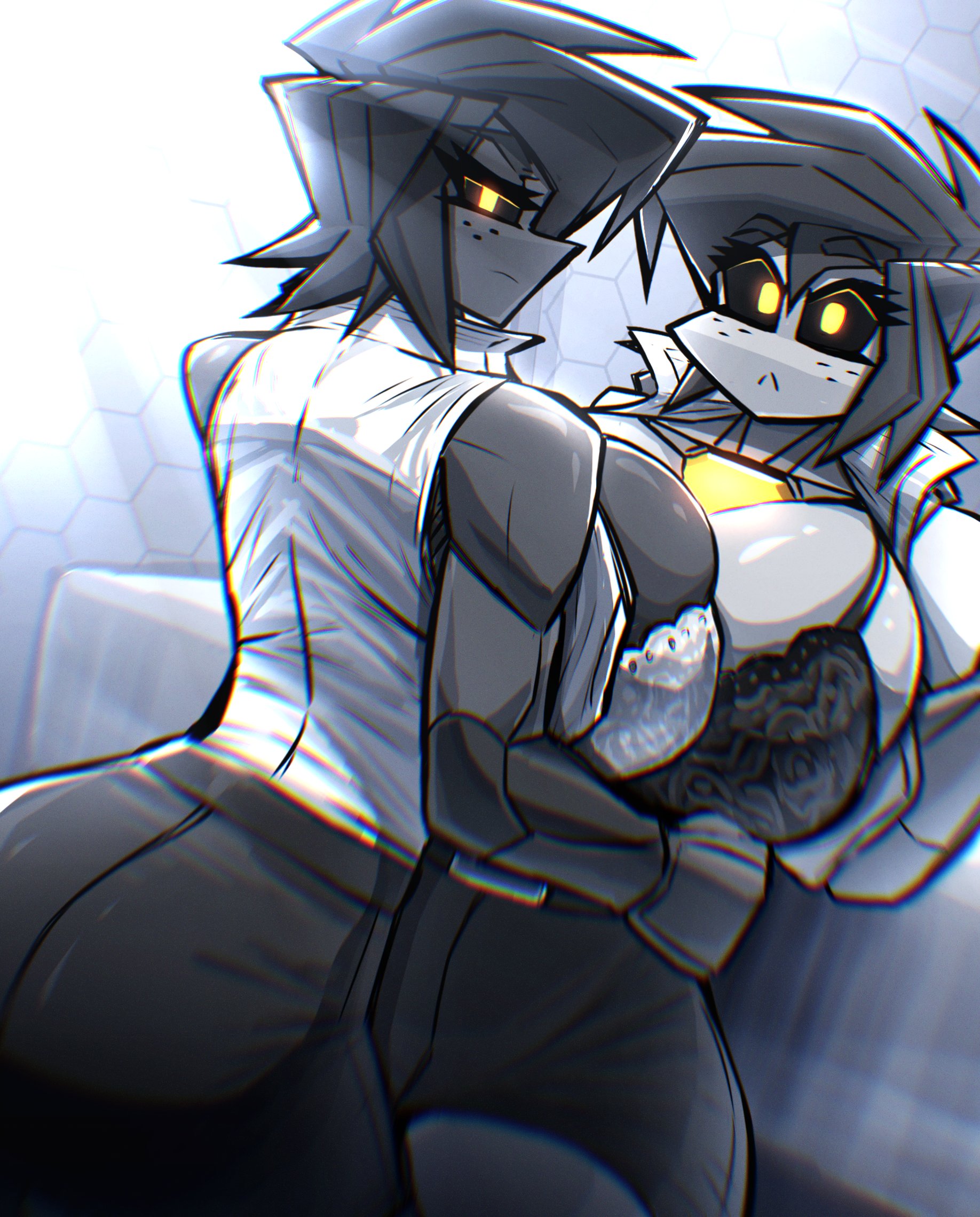 2girls, albry (zzzhodazzz), black body, black bra, black hair, black sclera, bra, clothing, female, kyurby (zzzhodazzz), looking at viewer, pencil skirt, robot, short skirt, tagme, white body, white bra, yellow eyes, zzzhodazzz