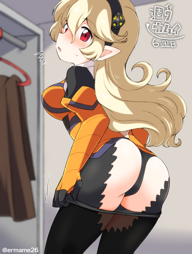 1girls alternate_costume ass bare_thighs big_ass black_panties blonde_hair breasts closet clothes_hanger corrin_(fire_emblem) corrin_(fire_emblem)_(female) dress dressing_room elbow_gloves eromame female female_only fire_emblem fire_emblem_fates gloves hairband inner_thighs long_hair looking_at_viewer medium_breasts nintendo orange_dress panties pantyhose pantyhose_pull red_eyes solo thighhighs thighs underwear undressing