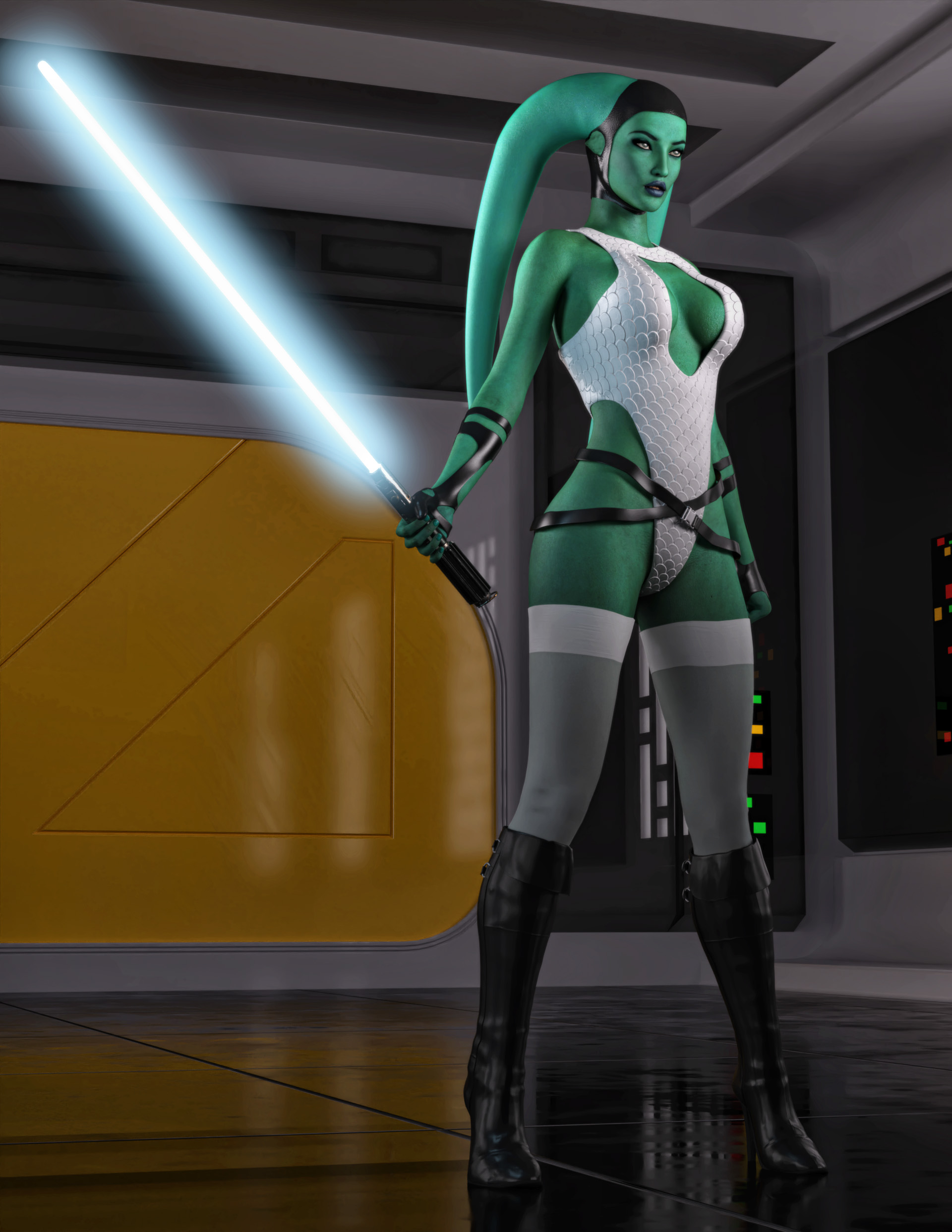 1girls, 3d, alien girl, athletic, athletic female, belt, blue lightsaber, blue skin, boob window, boots, breasts, cleavage, cleavage cutout, female, female only, headgear, janus3003, jedi, large breasts, leotard, lightsaber, original character, silver eyes, star wars, thighhighs, twi'lek