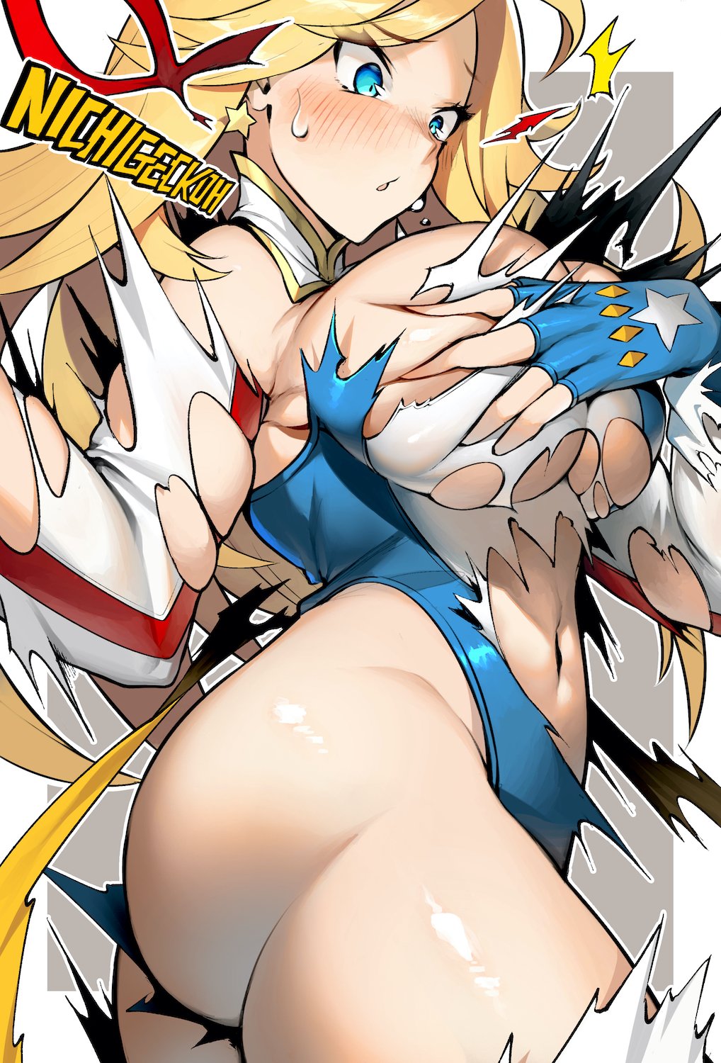 american_flag ass big_ass big_breasts blonde_hair blue_eyes blush blushing bodysuit charlotte_vanders female_superhero kamen_america kamen_america_(character) kamen_america_(series) superheroine tagme tight_clothing torn_bodysuit torn_clothes voluptuous