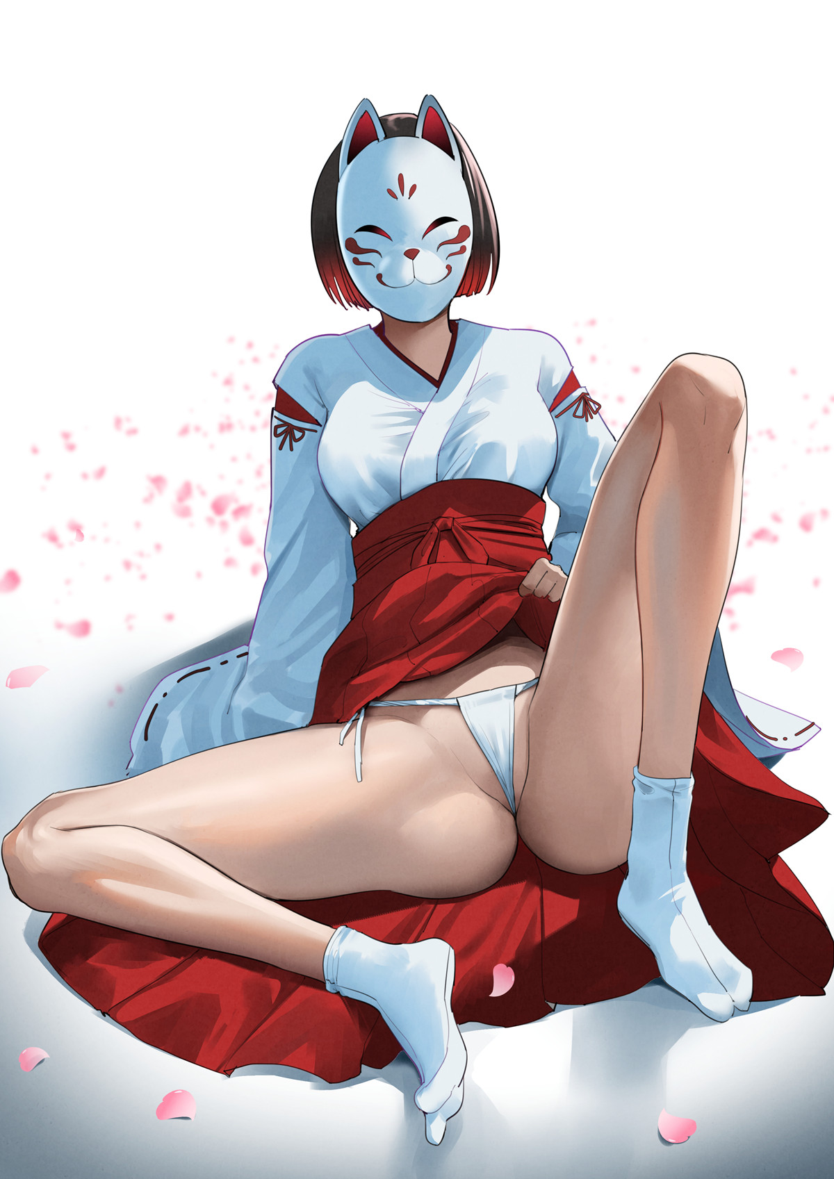 1girls, ass, black hair, breasts, clothes lift, facing viewer, female, fox mask, fundoshi, genshin impact, gradient hair, hakama, hakama skirt, hanachirusato (genshin impact), highres, japanese clothes, kazari (genshin impact), legs, lifted by self, mask, miko, multicolored hair, npc, petals, red hair, short hair, sitting, skirt, skirt lift, solo, spread legs, tabi, thighs, white legwear, yonoki