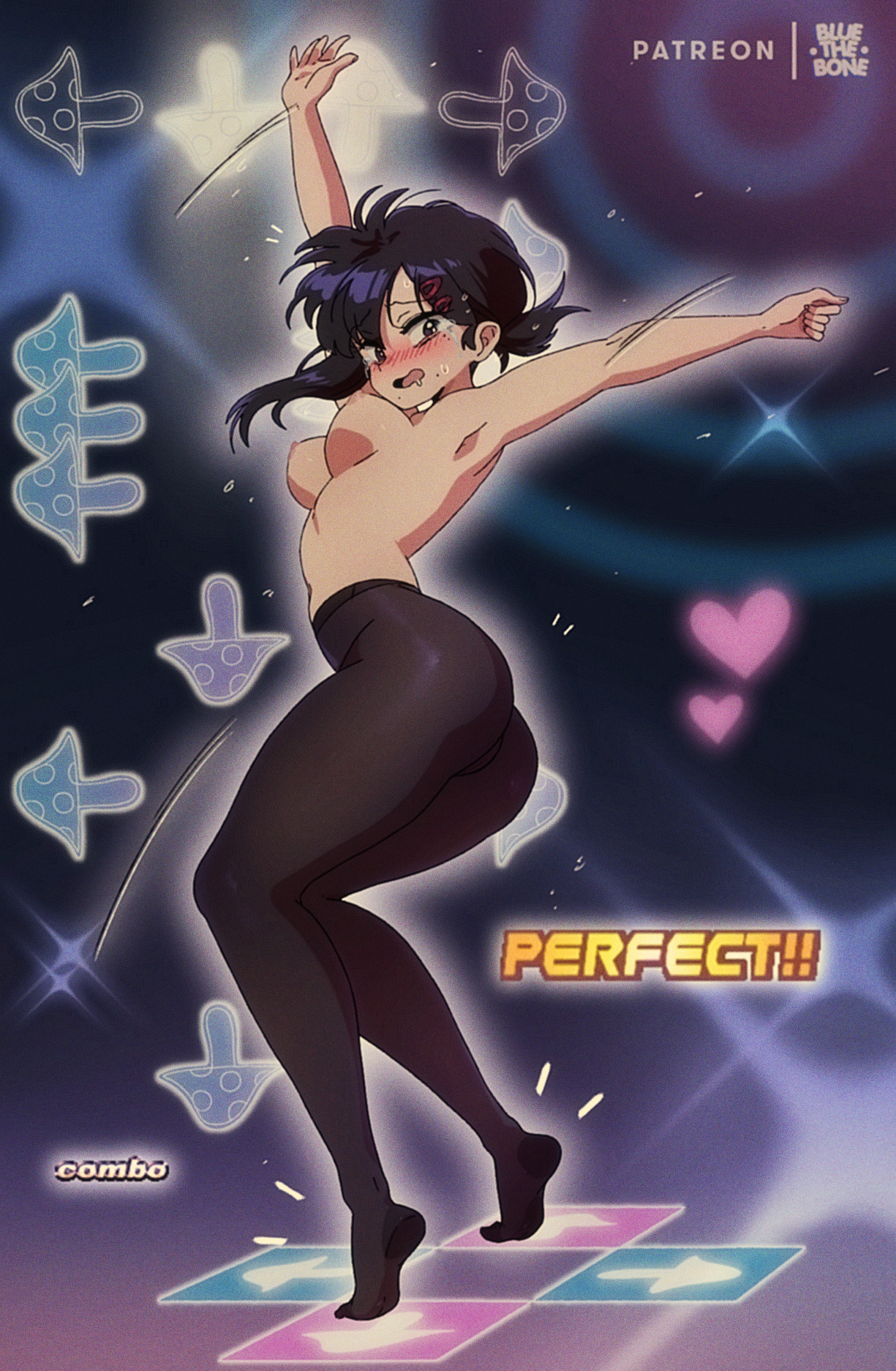 1girls, ass, black hair, bluethebone, blush, breasts, chainsaw man, choker, crying, dancing, eye contact, female, female focus, female only, higashiyama kobeni, looking at viewer, nipples, pantyhose, retro artstyle, short hair, solo, standing, thick thighs, thighs, topless