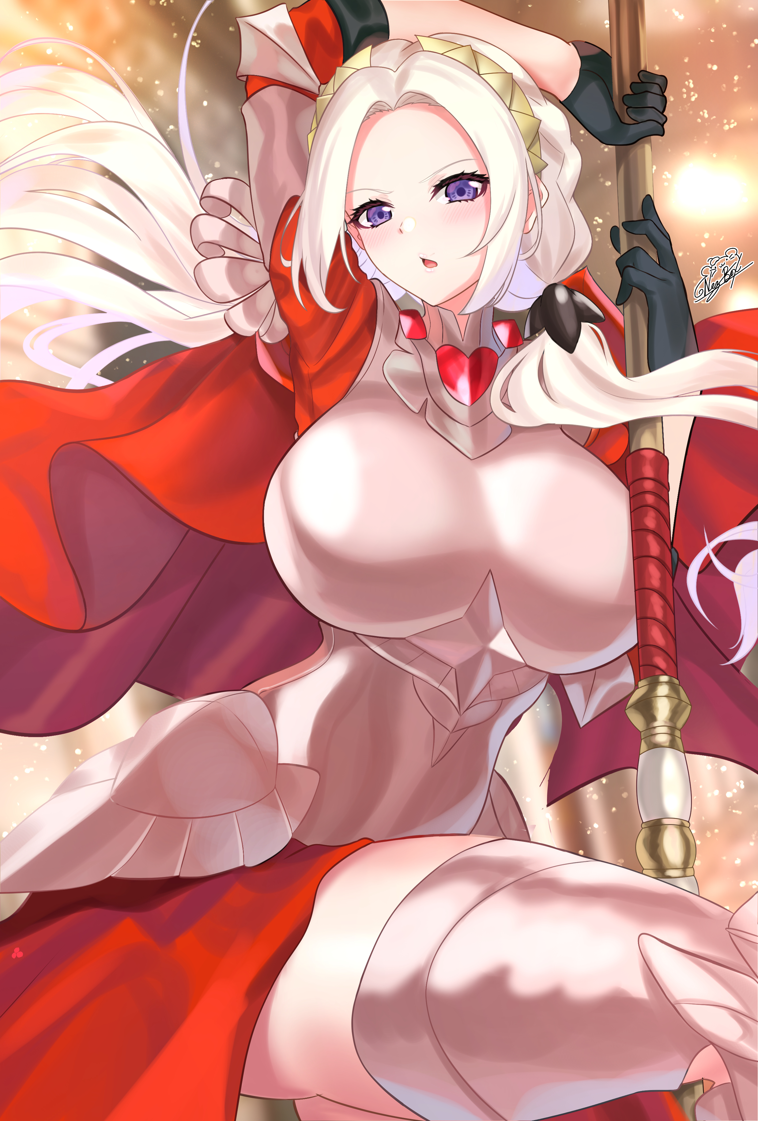1girls, breasts, edelgard von hresvelg, fair skin, fair-skinned female, female, female only, fire emblem, fire emblem warriors, fire emblem warriors: three hopes, fire emblem: three houses, light skin, light-skinned female, nez-box, nintendo, pose, provocative, purple eyes, solo, white hair