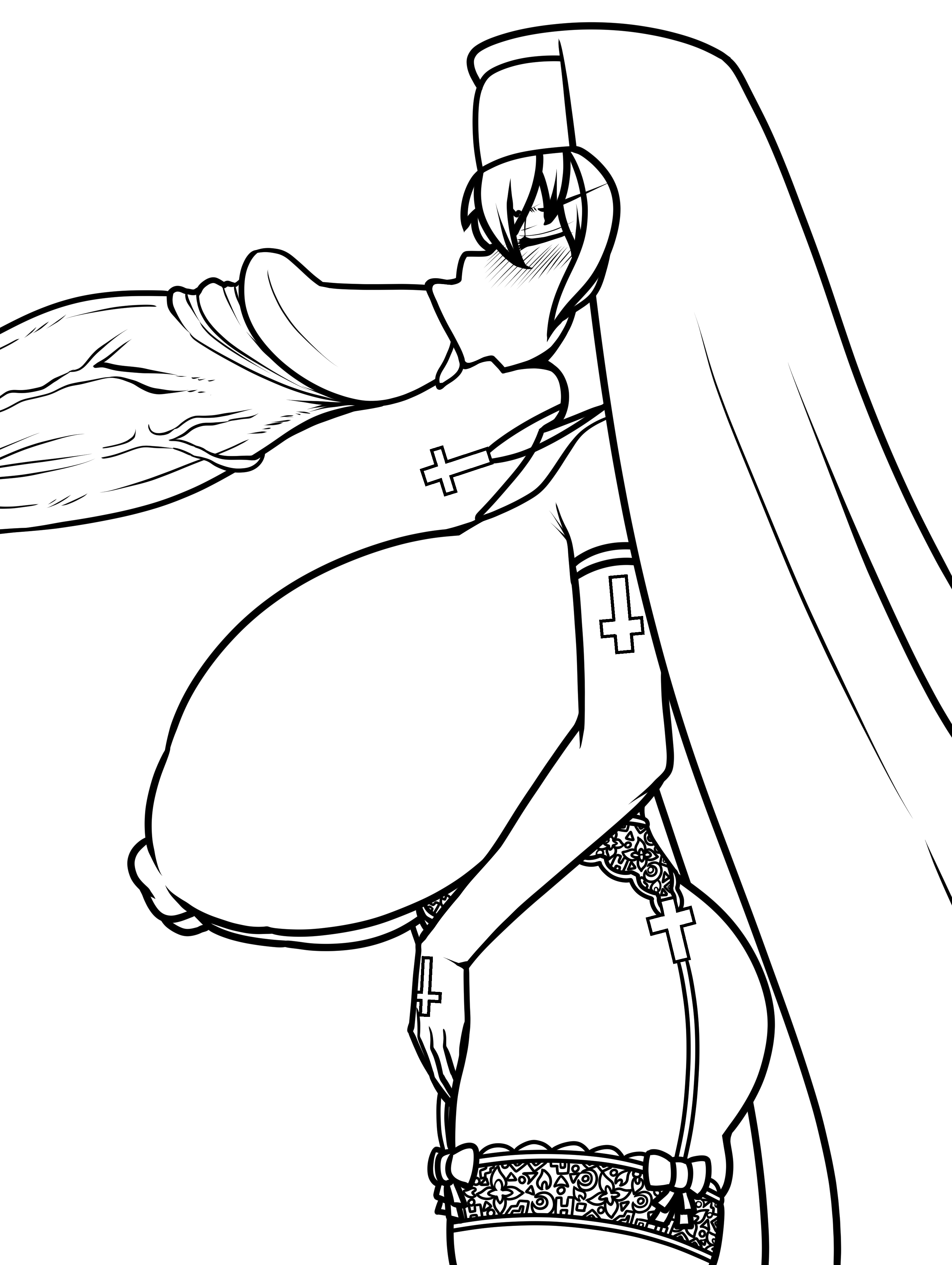 1girls, big penis, breasts, double (skullgirls), female, huge cock, lace, large breasts, large penis, lingerie, lips, male, nipples, nun, oral, oral sex, penis, raburiihamu, skullgirls, tongue, tongue out, upside down cross