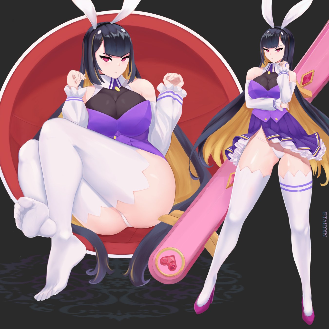 1girls animal_ears ass black_hair bunny_ears detached_sleeves etahoin heels last_origin light-skinned_female light_skin magical_baekto_(last_origin) multiple_poses no_pants no_shoes panties pink_eyes sitting skirt standing tagme thick_thighs thighhighs thighs two_tone_hair white_panties