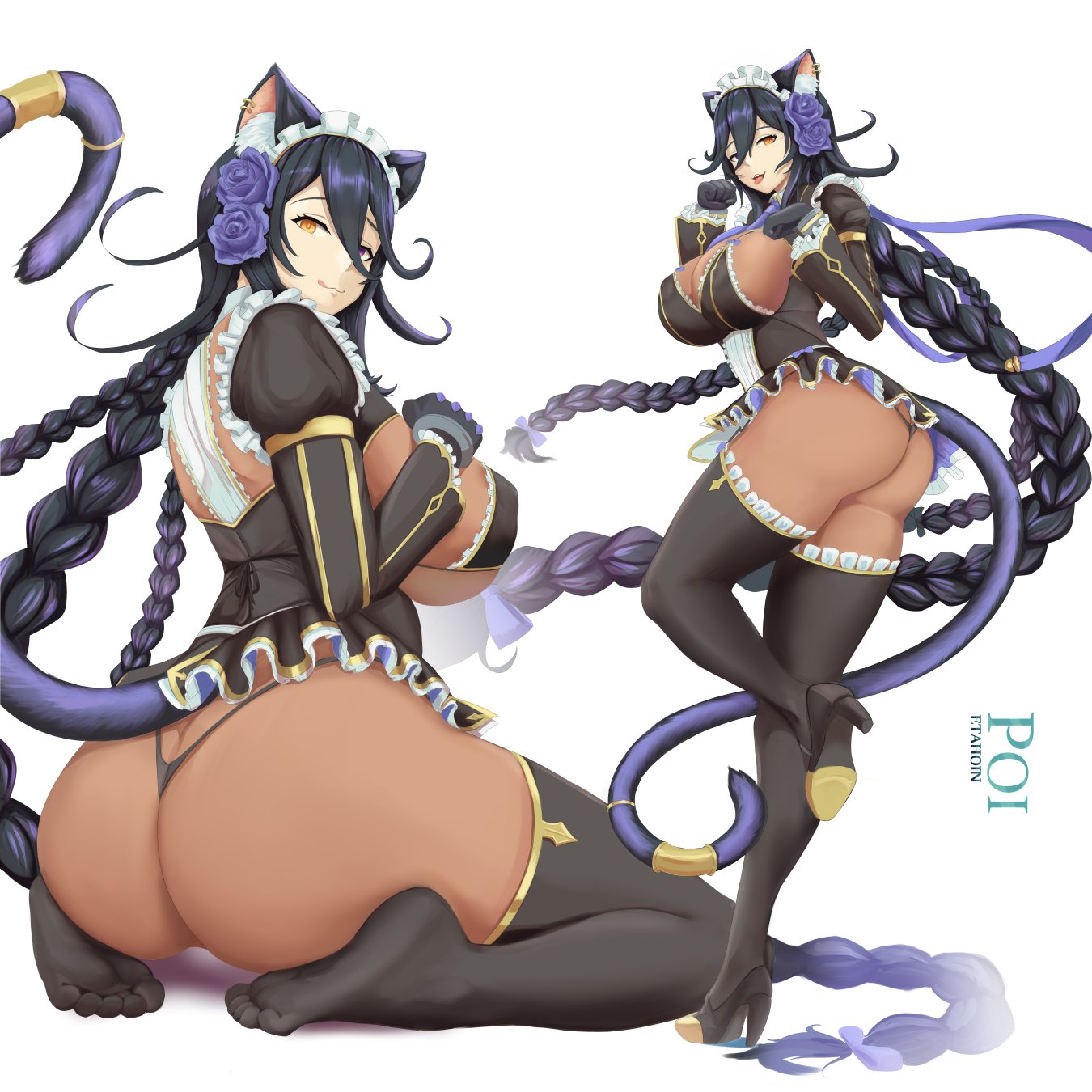 :3, animal ears, ass, bikini, black bikini, black hair, black panties, black thong, bodysuit under clothes, braid, breasts, cat ears, cat girl, cat tail, etahoin, female, heels, heterochromia, large breasts, last origin, licking, licking lips, long hair, looking at viewer, looking back, multiple poses, no shoes, panties, poi (last origin), purple eyes, standing, tagme, tail, thighhighs, thong, tongue, tongue out, very long hair, wariza, yellow eyes