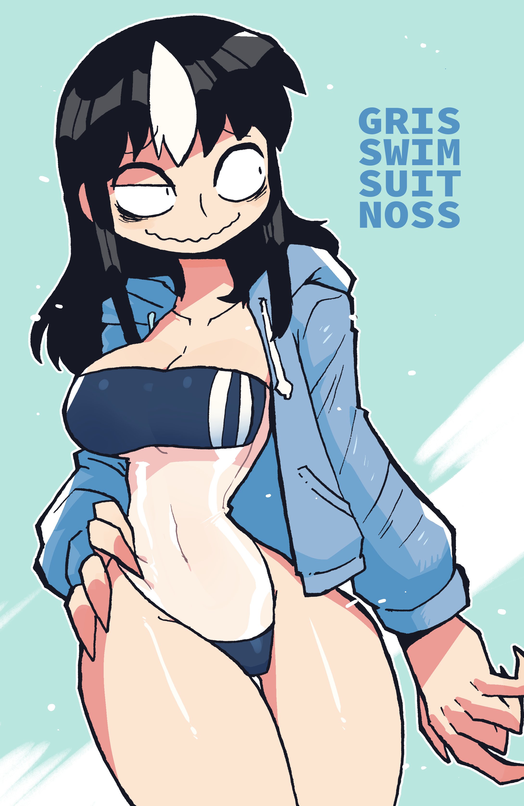 big breasts, black hair, breasts, crap-man, female, gris swimsuit, meme attire, meme clothing, mob face, monster girl, noss the nosferatu (crap-man), original, original character, swimsuit, tagme, tight clothing, vampire