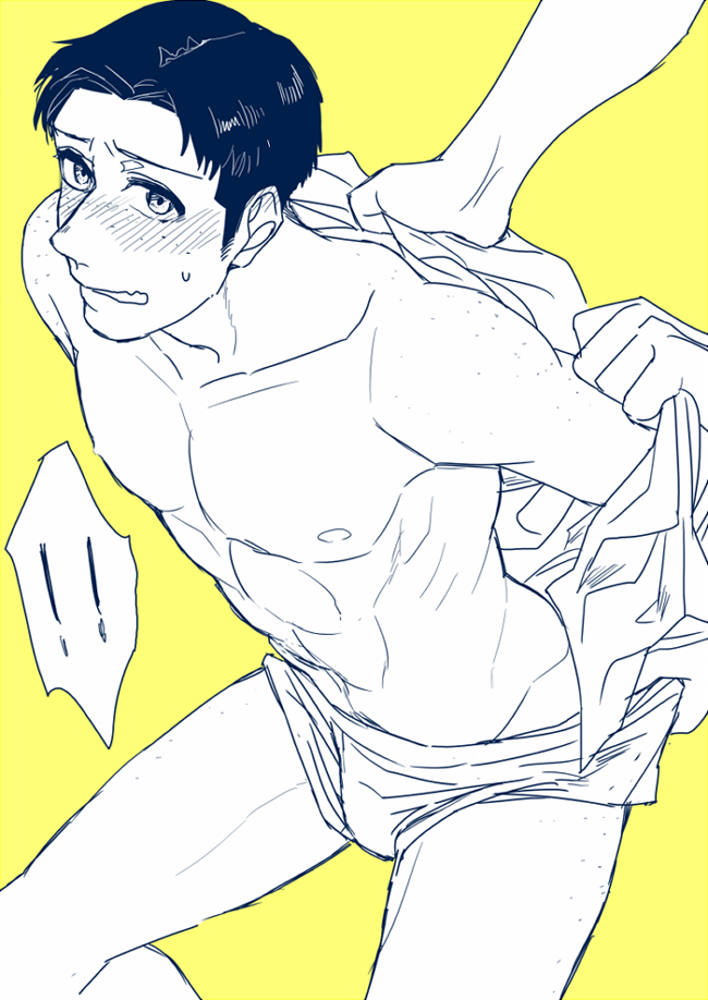 1boy attack_on_titan black_hair_male blushing_at_viewer disembodied_hands freckles freckles_on_shoulders looking_at_viewer male male_only marco_bodt pulling_clothing shingeki_no_kyojin shirt_removed shy underwear underwear_only yellow_background