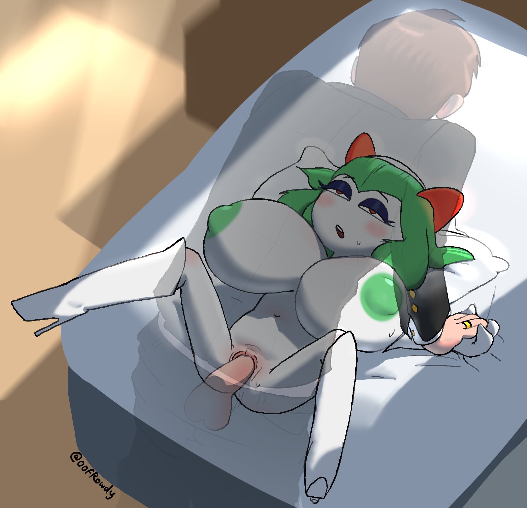 1boy, 1girls, anthro, areolae, bed, big breasts, blue eyeshadow, boots, breasts, female, game freak, grabbing sheets, heel boots, high heel boots, high heels, huge breasts, human, indoors, kirlia, kirly (oofrowdy), male, male human/female pokemon, narrow hips, nintendo, oofrowdy, penetration, penis, penis in pussy, pokemon, pokemon (species), pussy, red eyes, shortstack, skinny legs, slim, slim female, thin thighs, vaginal, vaginal penetration
