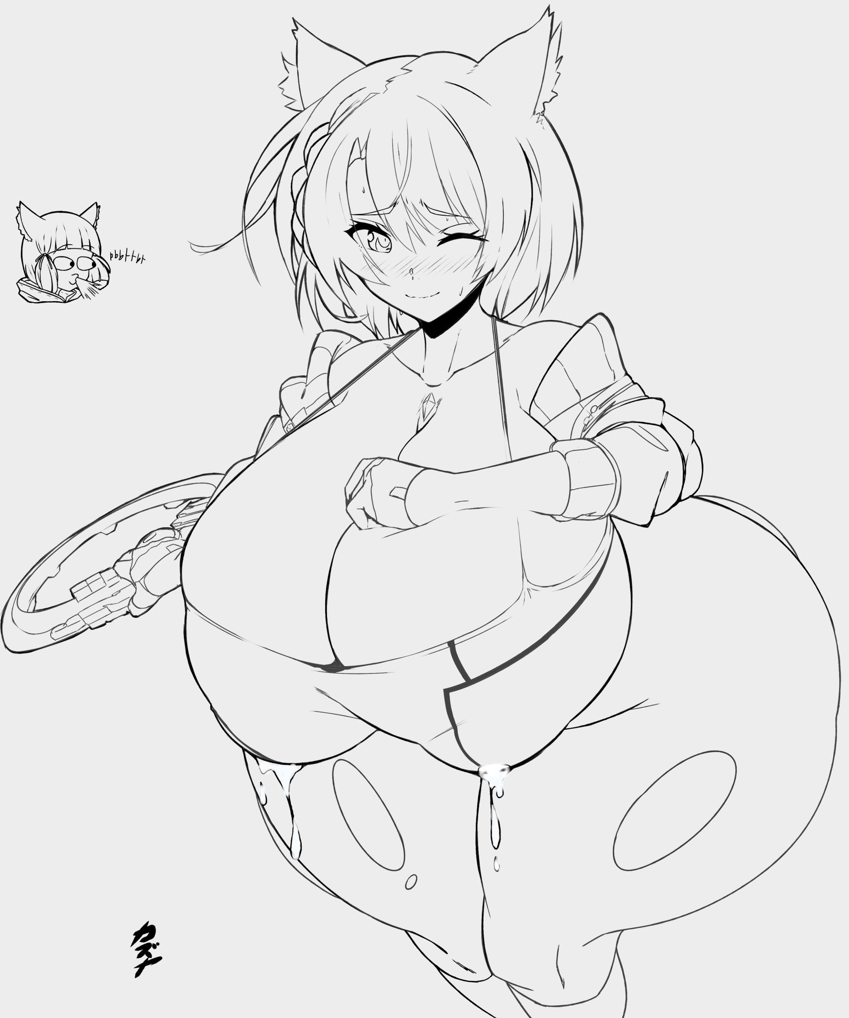 2girls, alternate breast size, alternate version available, artist signature, ass, black and white, blush, breasts, bubble ass, bubble butt, cat ears, cat girl, catgirl, core crystal, female, fingerless gloves, gloves, hair braid, hand on breast, huge breasts, hyper, hyper breasts, jacket, kazuya zoey, lactation, lactation through clothes, large ass, leggings, milk, mio (xenoblade), nia, nia (xenoblade), nintendo, nipple bulge, short hair, skirt, smile, smiling, stretched clothing, tagme, thick thighs, thighs, winking, xenoblade (series), xenoblade chronicles 2, xenoblade chronicles 3, yellow eyes