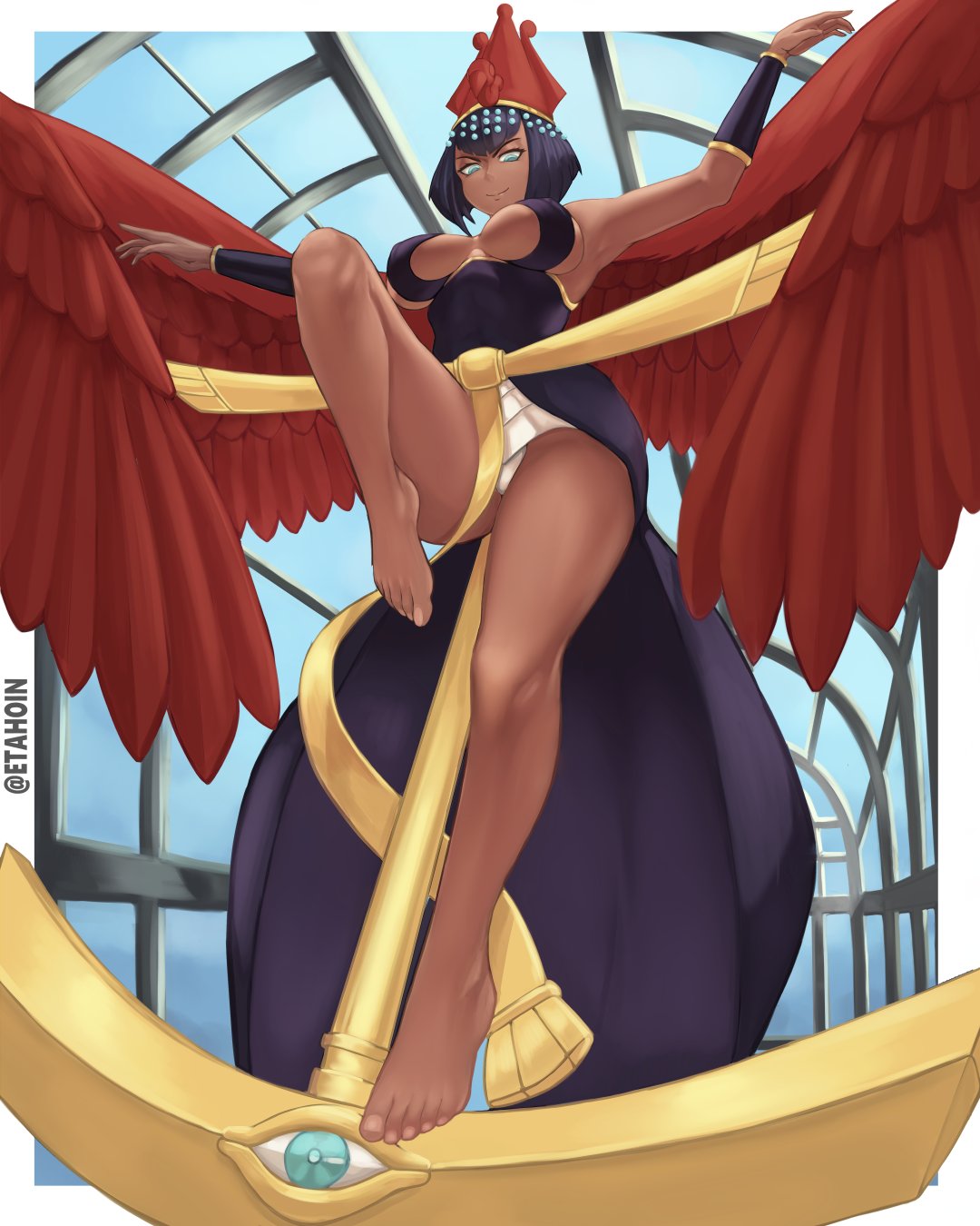 barefoot black_hair blue_eyes bob_cut breasts dress egyptian eliza_(skullgirls) etahoin feet from_below looking_at_viewer looking_down one_leg_up panties short_hair skullgirls tagme thighs upskirt white_panties wings