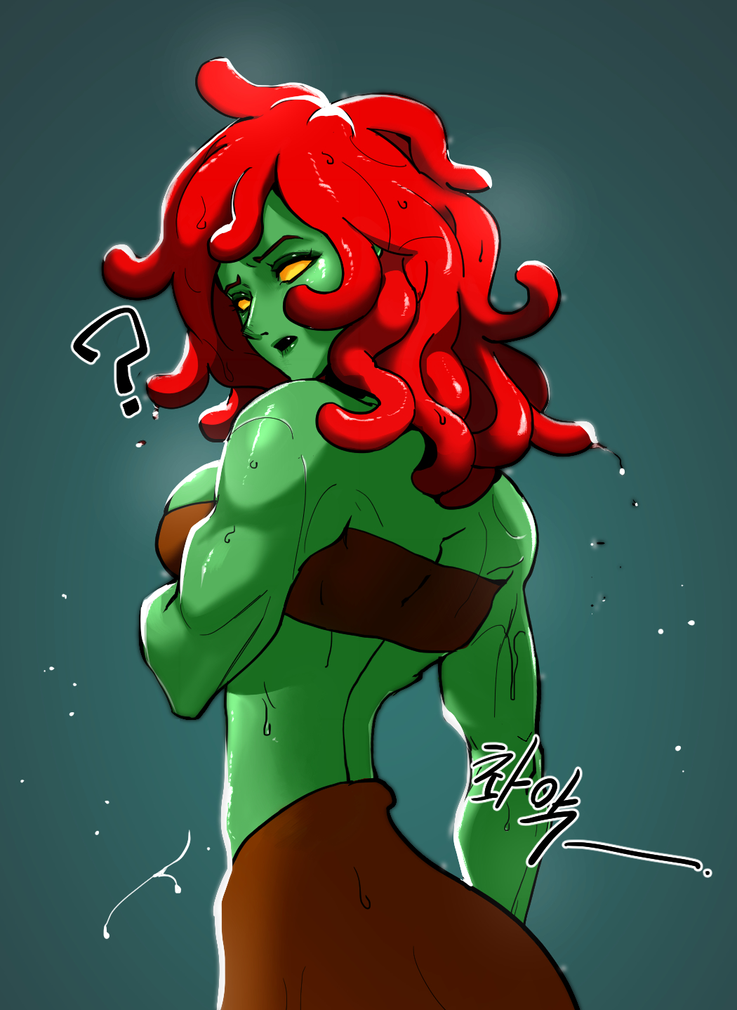 1girls ? breasts enter_the_gungeon female green_skin hair korean_text looking_at_viewer looking_back muscular muscular_female red_hair sideboob tagme the_gorgun_(enter_the_gungeon) translation_request 딸딸딸달딸