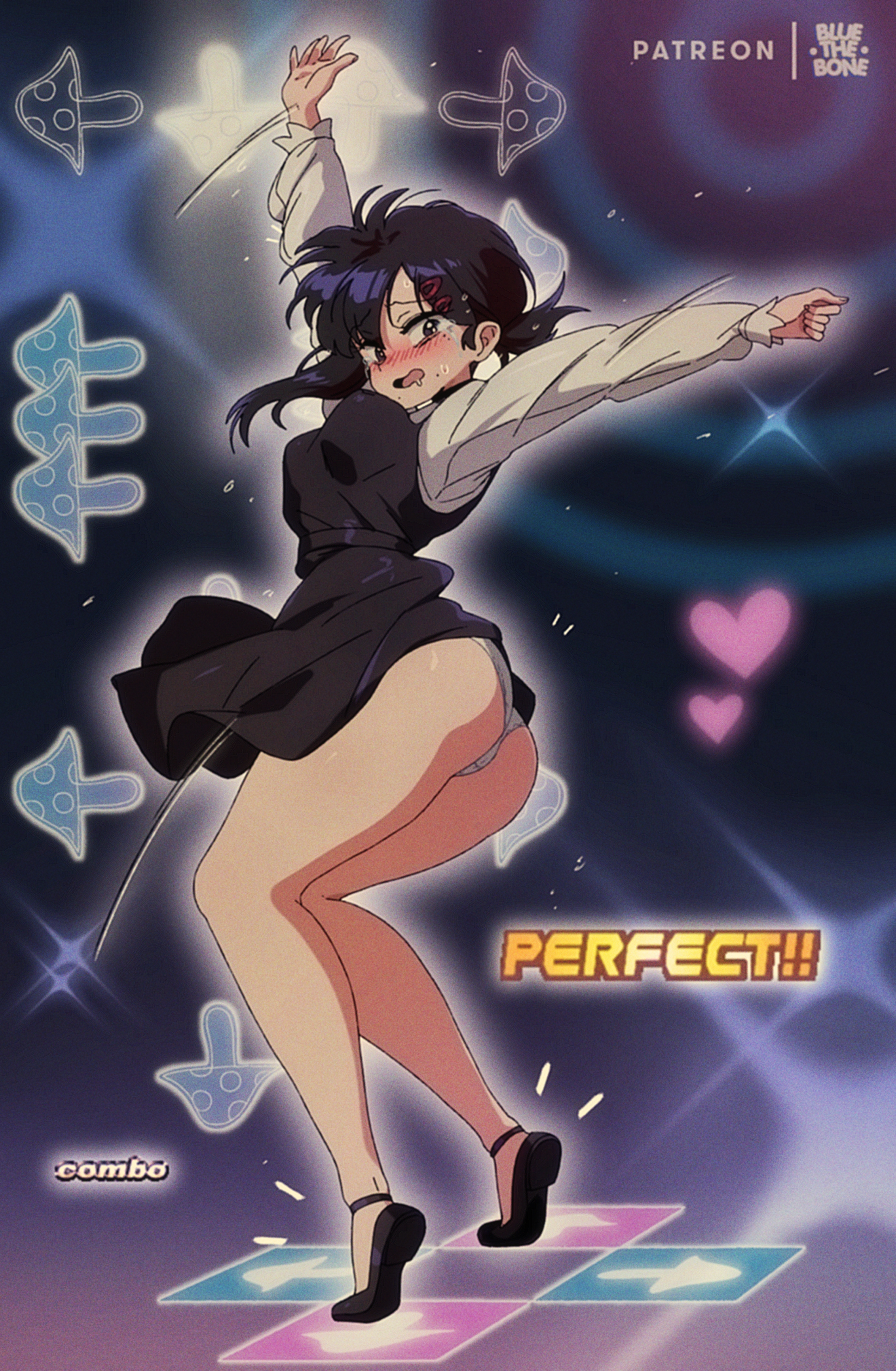 1girls, apron, ass, black hair, bluethebone, blush, breasts, chainsaw man, choker, crying, dance dance revolution, dancing, dress, eye contact, female, female focus, female only, higashiyama kobeni, looking at viewer, panties, retro artstyle, short hair, solo, standing, thick thighs, thighs, white panties