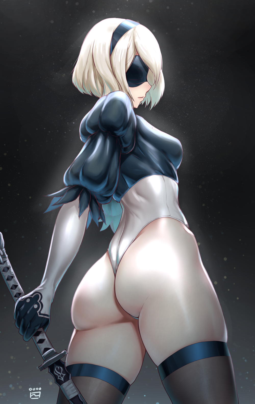 1girls ass big_ass big_butt blindfold breasts female finalcake leotard medium_breasts nier nier:_automata nier_(series) pose short_hair solo sword thick_thighs thigh_gap thighhighs thighs tight_clothing white_hair yorha_2b