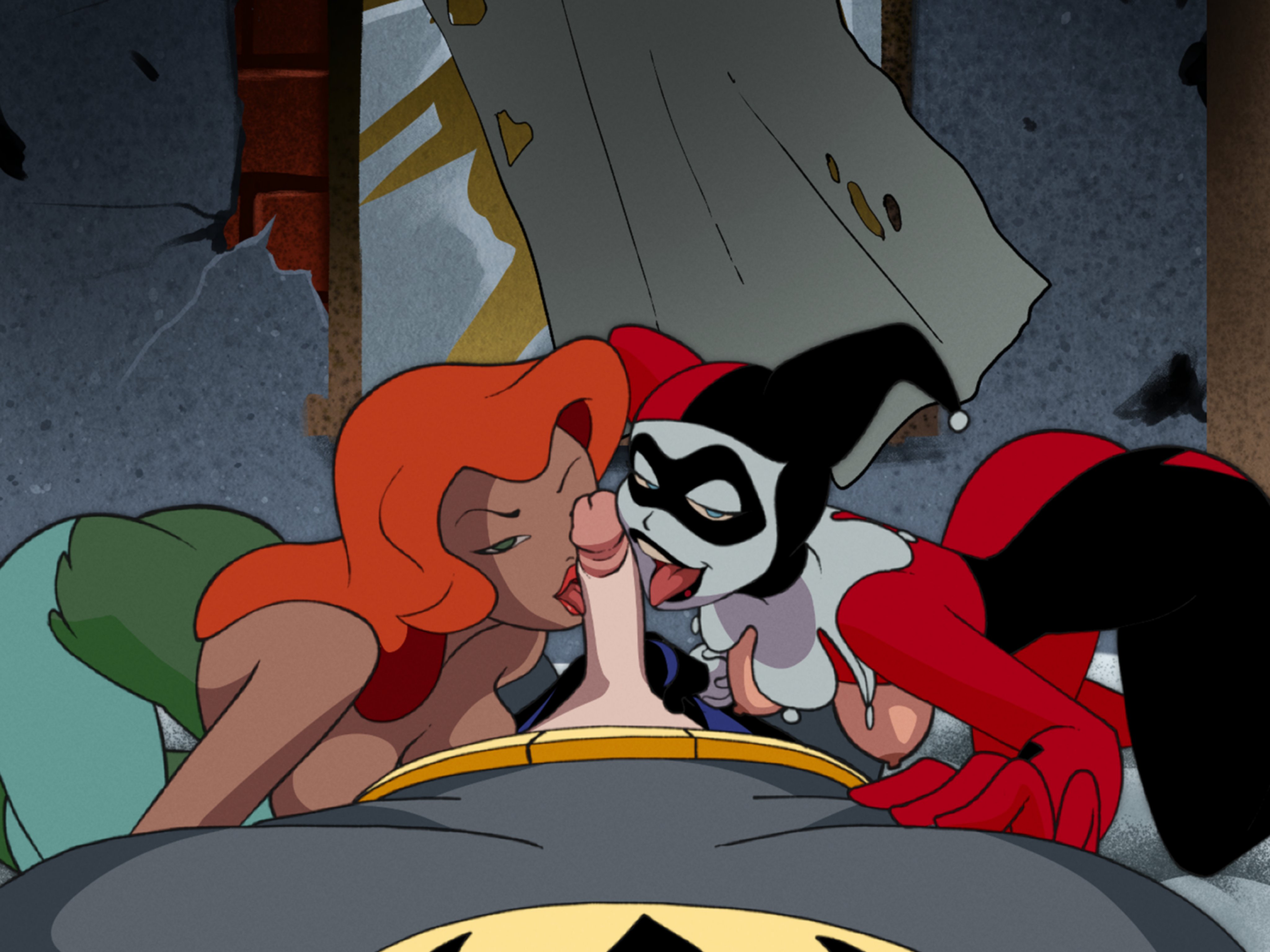 1boy, 2girls, accurate art style, batman, batman (bruce wayne), batman (series), batman: the animated series, blue eyes, breasts, breasts out, bruce wayne, collaborative fellatio, couple fellatio, dc, dc comics, dcau, drpizzaboi1, erection, fake screenshot, fellatio, female, female focus, green eyes, half-closed eyes, hanging breasts, harley quinn, harley quinn (classic), long hair, looking at viewer, male, multiple girls, on model, oral, oral sex, partial male, penis, poison ivy, poison ivy (dcau), pov, red hair, straight, style emulation, style imitation, style parody, stylized, teamwork, tongue, tongue out