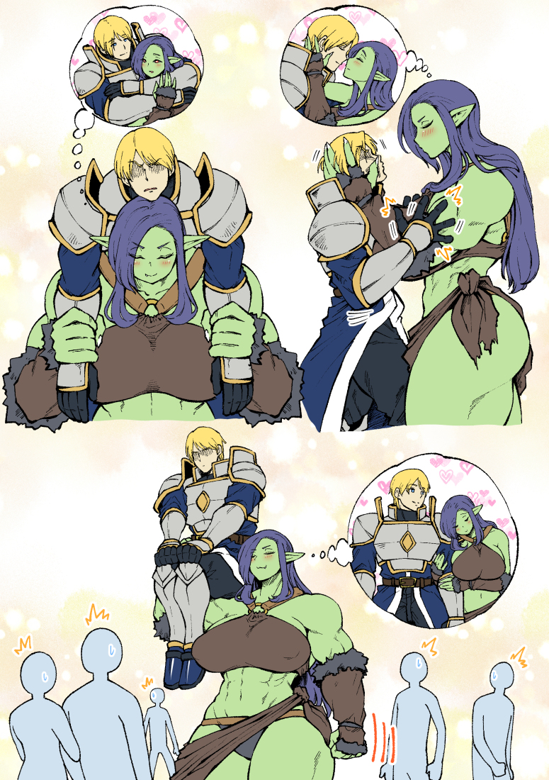 1boy 1boy1girl 1girls 2018 abs amano_jack armor big_breasts blonde_hair blue_hair breasts carrying carrying_partner curvaceous curvy cute daydream dream fantasizing female female_ork_(amano_jack) femdom gentle_femdom green_body green_skin hips huge_breasts human_male kyabosean2 large_breasts larger_female light-skinned_male light_skin long_hair male man_knight_(amano_jack) muscular muscular_arms muscular_female nipple_bulge orc orc_female pointy_ears short_hair size_difference smaller_male thick_thighs thighs thought_bubble voluptuous wholesome wide_hips