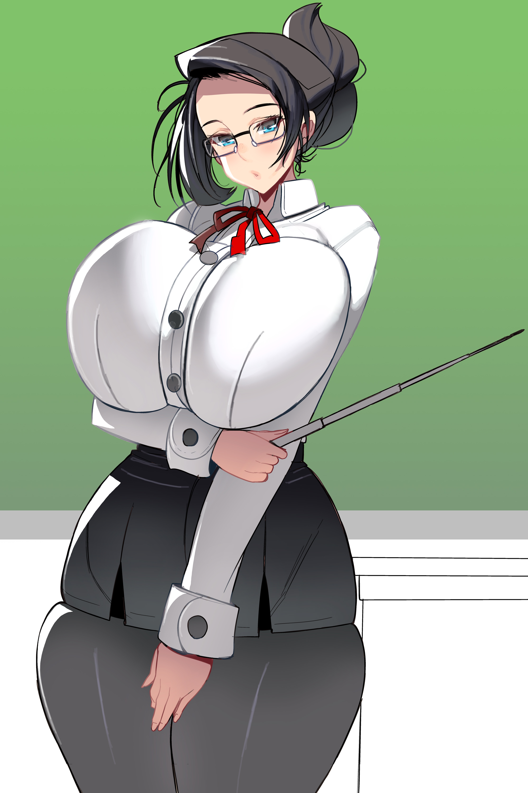 1girls, 2:3, 2022, absurd res, black hair, blue eyes, breast hold, breasts, chalkboard, clothed, clothing, collared shirt, female, female only, glasses, highres, holding object, indoors, masao, mature female, original, pantyhose, pencil skirt, pointer, shirt, skindentation, skirt, solo, standing, teacher, teeth, thick thighs, thighs, tied hair, tight clothing, uniform, wrist cuffs