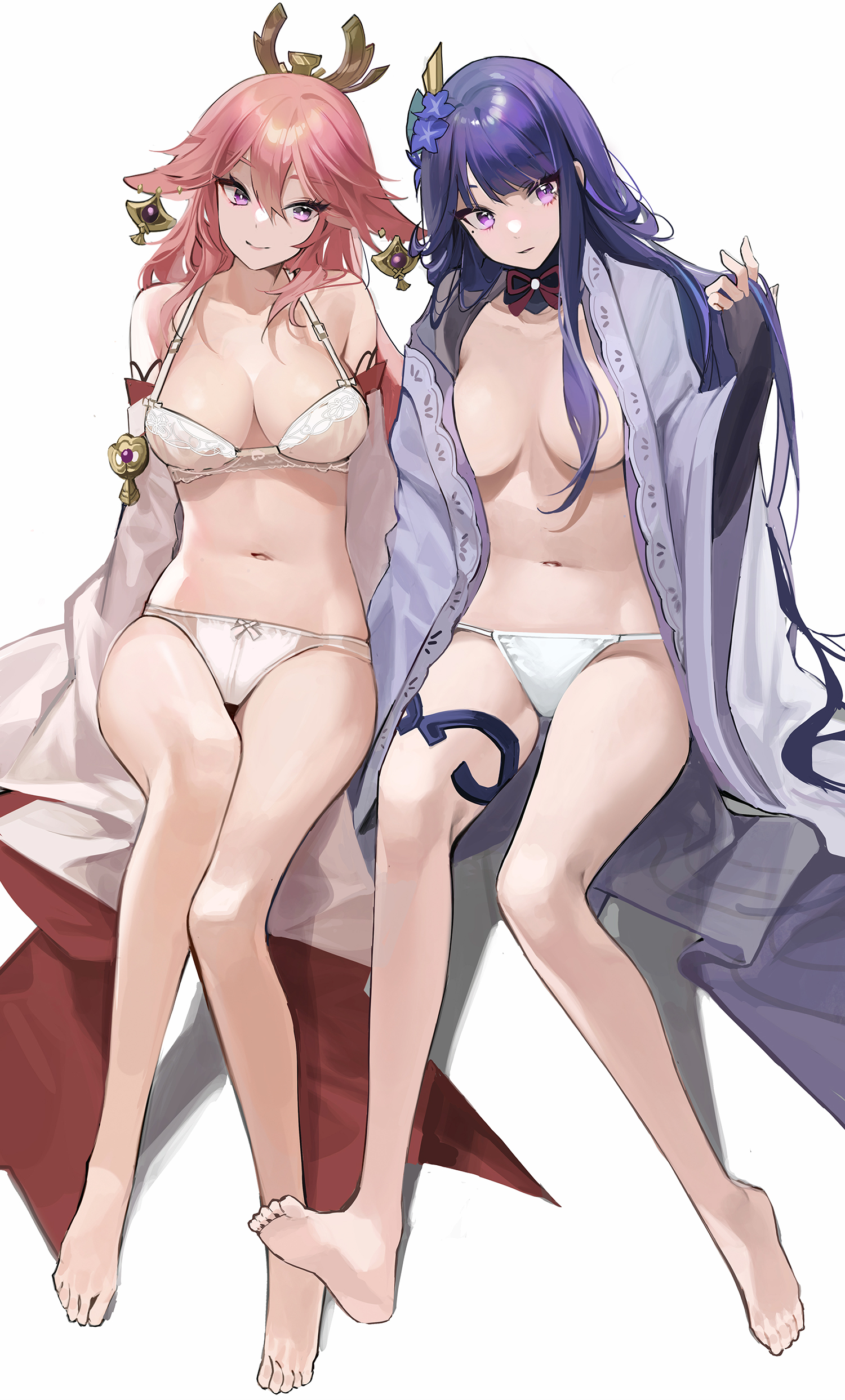 2girls, absurdres, animal ears, bangs, barefoot, black gloves, blush, bow, bow panties, bra, breasts, bright pupils, cleavage, collarbone, commentary, dot nose, earrings, eyebrows visible through hair, eyelashes, feet, female, fingerless gloves, flower, fox ears, full body, genshin impact, gloves, hair between eyes, hair censor, hair flower, hair ornament, hand in hair, highres, japanese clothes, jewelry, kimono, lace trim, lace-trimmed bra, large breasts, long hair, looking at viewer, miko, mole, mole under eye, multiple females, multiple girls, navel, no bra, open clothes, open kimono, panties, pink hair, purple eyes, purple hair, raiden shogun, red bow, retty2706, shiny, shiny hair, sitting, smile, soles, string panties, symbol-only commentary, underwear, vision (genshin impact), white background, white bra, white panties, yae miko