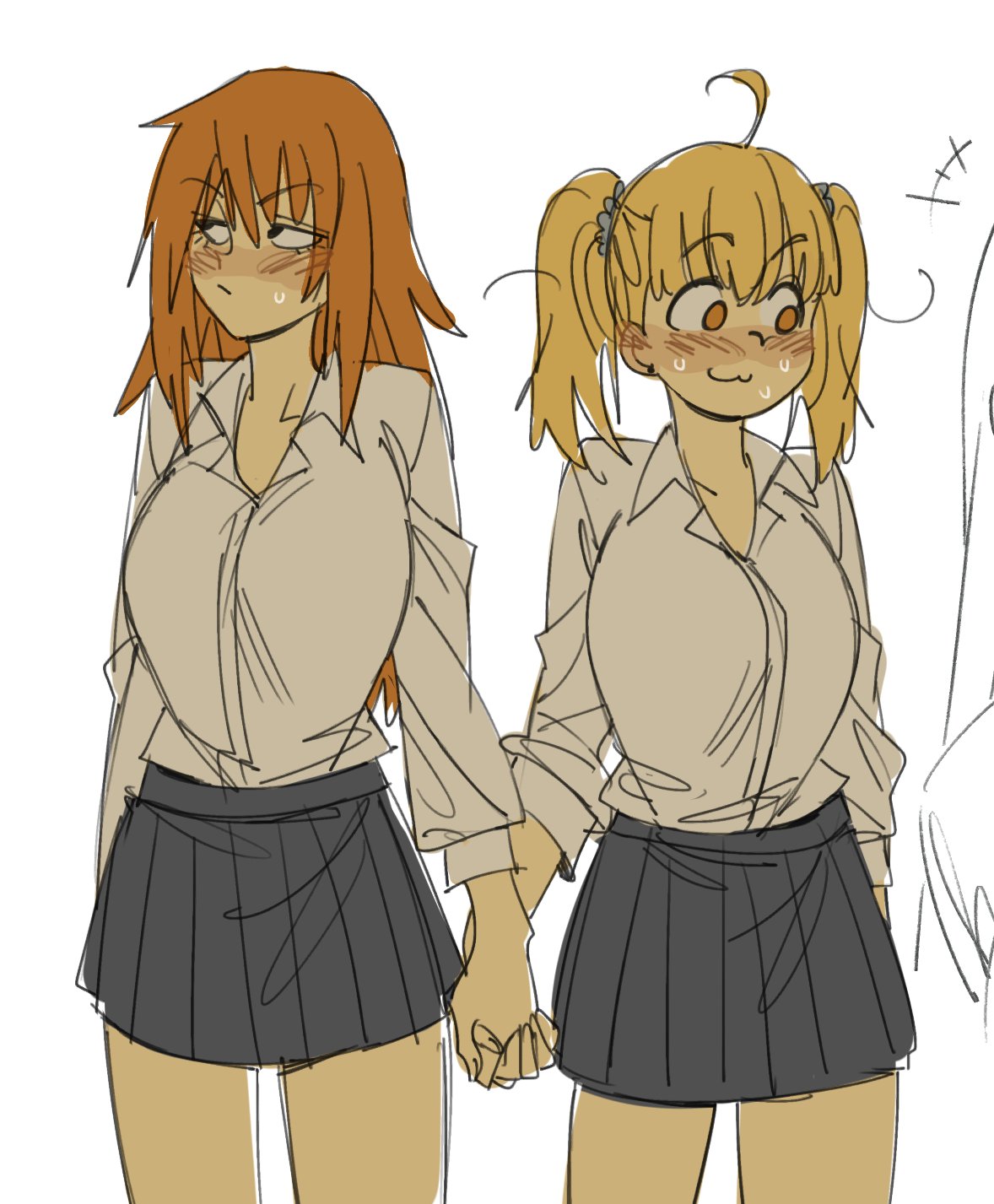 2girls :3 awkward big_breasts blonde_hair blush breasts brown_eyes clothed clothing cute female_focus female_only gamo-chan gutalalaman holding_hands orange_eyes orange_hair please_don't_bully_me,_nagatoro revealing_clothes simple_background smile sweat uniform white_background wholesome yoshi_(nagatoro) yuri