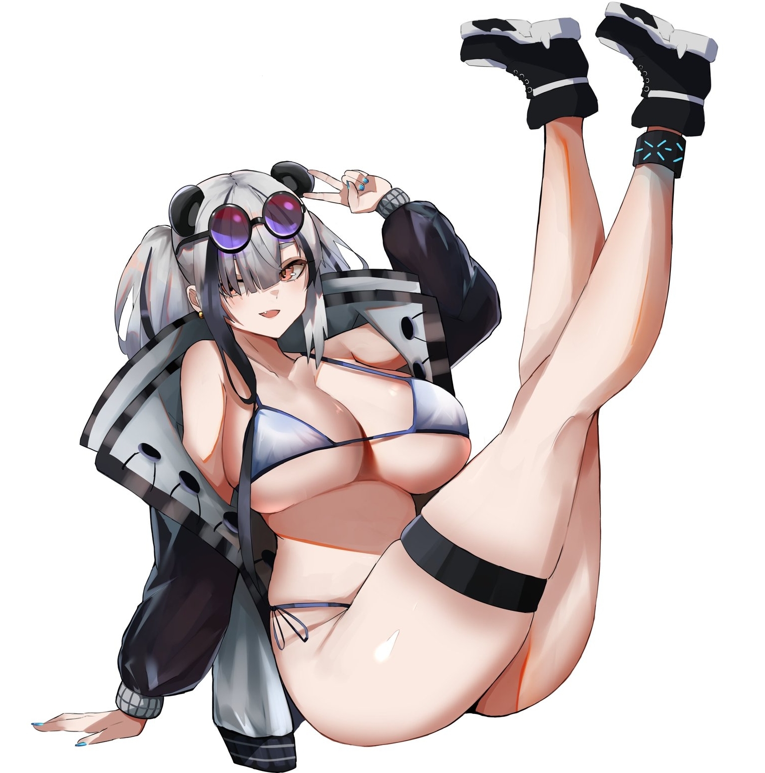 alternate costume, animal ears, anklet, arknights, arm support, bikini, black footwear, black hair, black jacket, blue nails, breasts, cleavage, commentary, eyebrows visible through hair, eyewear on head, feater (arknights), female, full body, grey bikini, hair between eyes, hair over one eye, highres, huge breasts, infection monitor (arknights), jacket, jewelry, legs up, looking to the side, medium hair, multi ear, multicolored hair, nail polish, oerba yun fang, open clothes, open jacket, open mouth, orange eyes, panda ears, purple-tinted eyewear, shoes, side-tie bikini, sidelocks, silver hair, simple background, sitting, skindentation, smile, solo, solo female, solo focus, streaked hair, string bikini, sunglasses, swimsuit, thigh strap, thighs, tinted eyewear, twintails, two-tone hair, unknownnoname0, v, white background