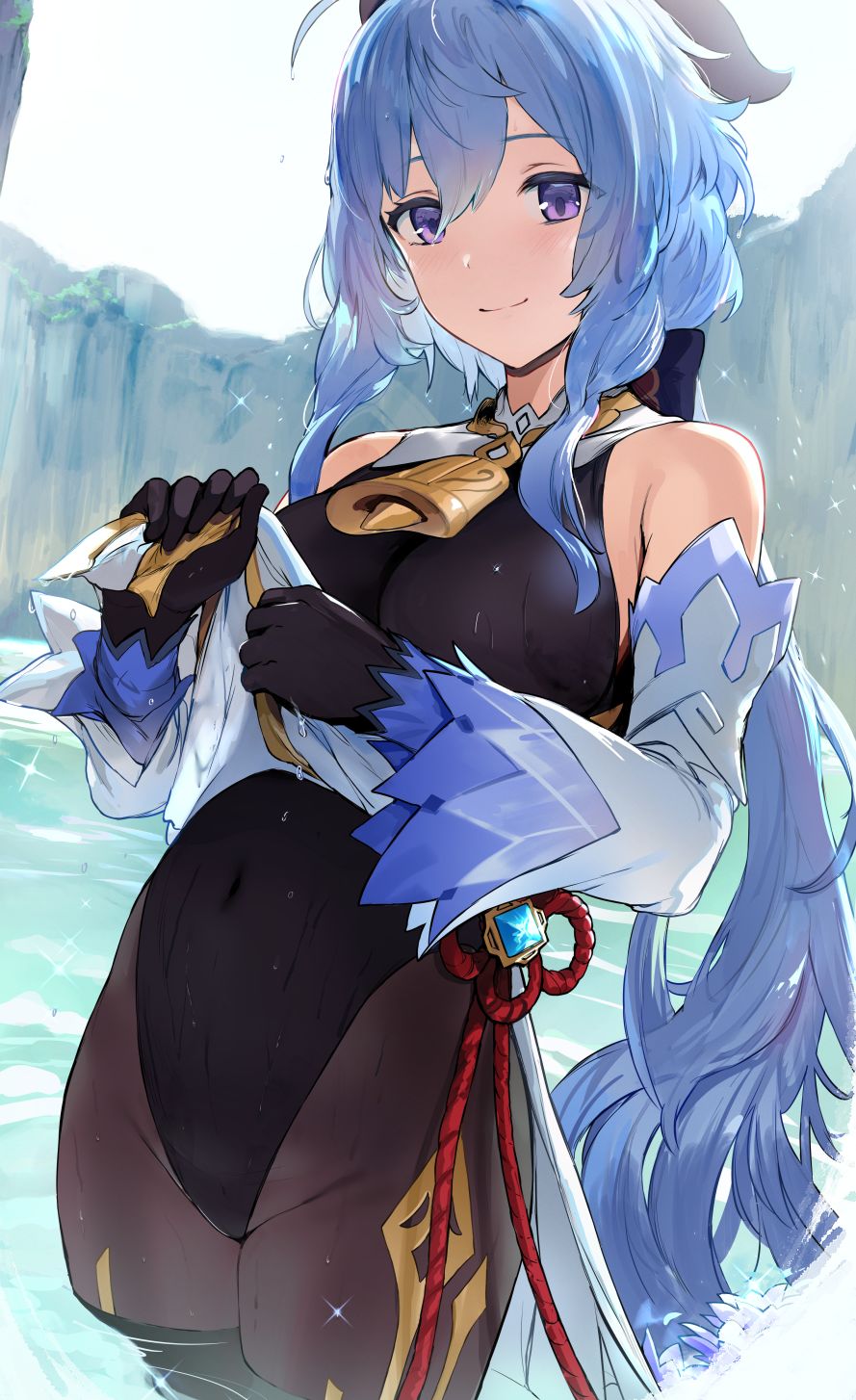 bangs, bare shoulders, bell, black gloves, black leotard, bodysuit, breasts, clothing, dress, female, ganyu (genshin impact), genshin impact, hews hack, highleg, highleg leotard, horns, pantyhose, smile, solo, vision (genshin impact), water, wet