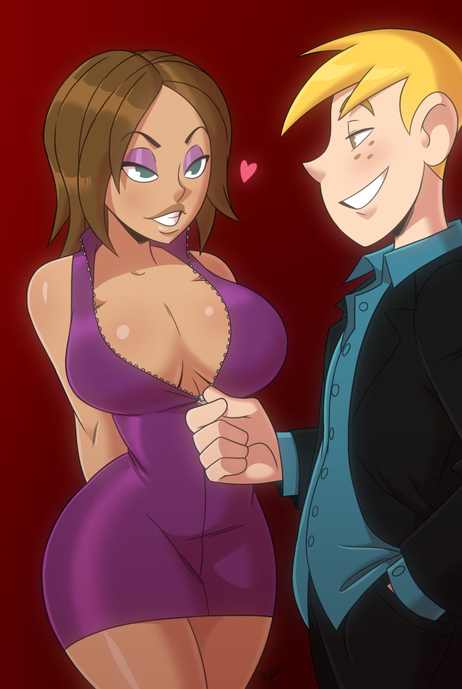 1boy, 1girls, aeolus06, blonde hair, bonnie rockwaller, breasts, brown hair, cleavage, disney, dress, female, flirting, freckles, green eyes, kim possible, large breasts, male, nonude, ron stoppable, short hair, straight, unzipped, unzipping, zipper, zipper pull tab