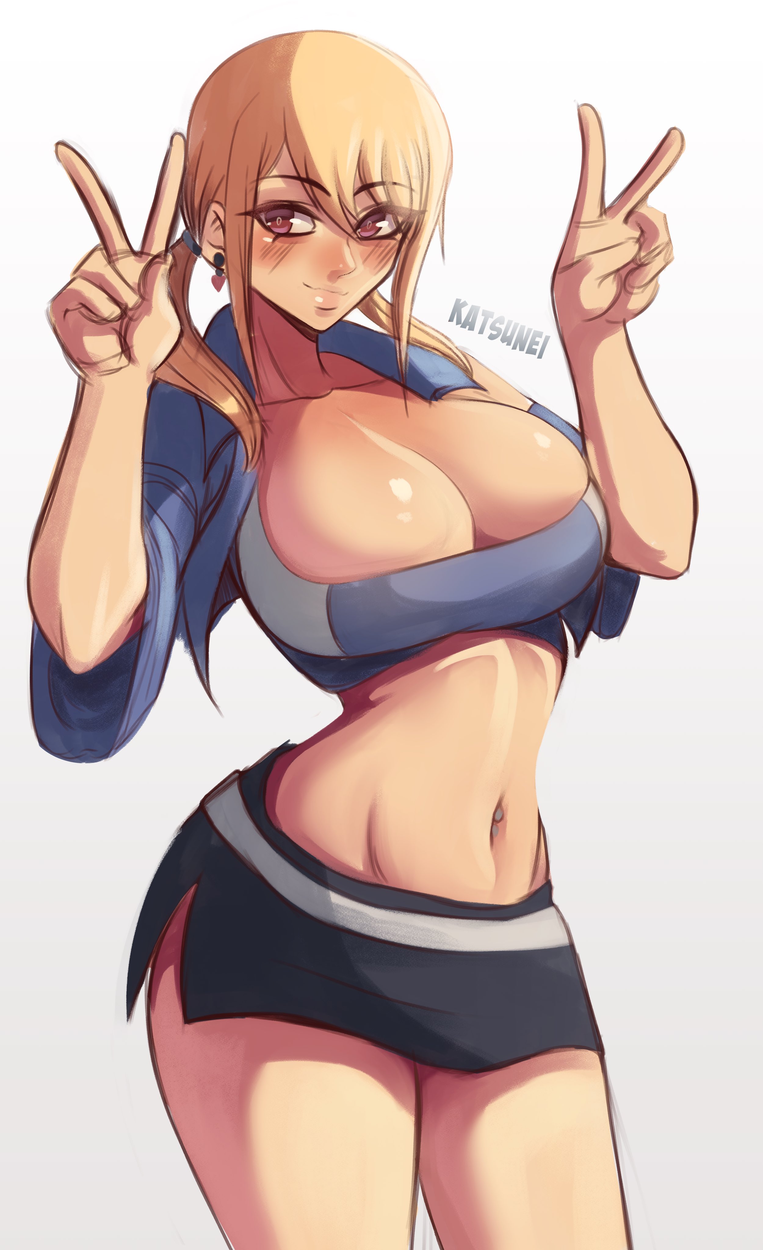 1girls, belly button piercing, belly piercing, big breasts, blonde hair, boobs, breasts, crop top, fairy tail, female, jacket, katsunei, lucy heartfilia, peace sign, piercing, solo
