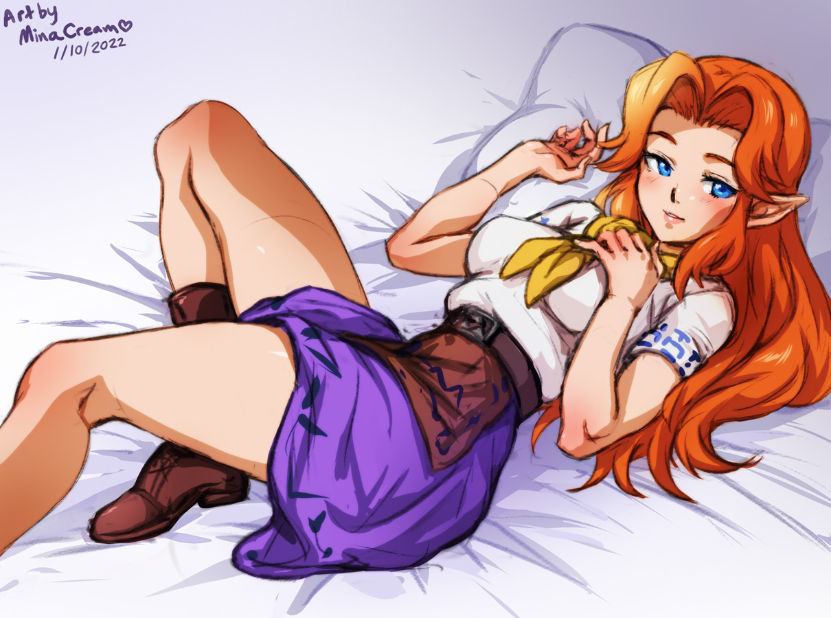 1girls, bare legs, blue eyes, breasts, cremia, fair skin, fair-skinned female, female, female only, light skin, light-skinned female, long hair, majora's mask, malon, medium breasts, minacream, nintendo, ocarina of time, orange hair, pointy ears, smile, the legend of zelda